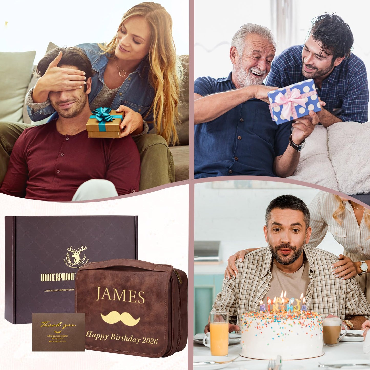 Aganmi Personalized Gifts for Men Hanging Toiletry Bag, Custom Waterproof PU Leather Dopp Kit with Laser Engraved Name, 3-in-1 Detachable Shaving Bag Gifts for Husband Dad Groomsmen Reddish Brown