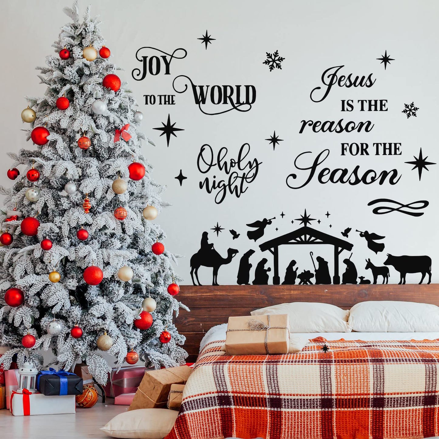 3 Pcs Nativity Scene Decor Stickers Christmas Bible Quotes Christian Vinyl Wall Decal Set Jesus is The Reason for The Season Bible Verse Wall Decals Joy to The World Stickers for Home