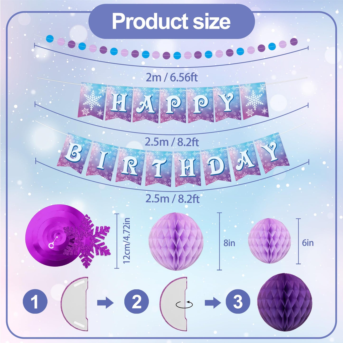 Frozen Birthday Party Decorations Happy Birthday Banner Honeycomb Balls Snowflake Hanging Swirls Streamers Circle Garland Decoration Winter Holiday Party Decorations for Christmas
