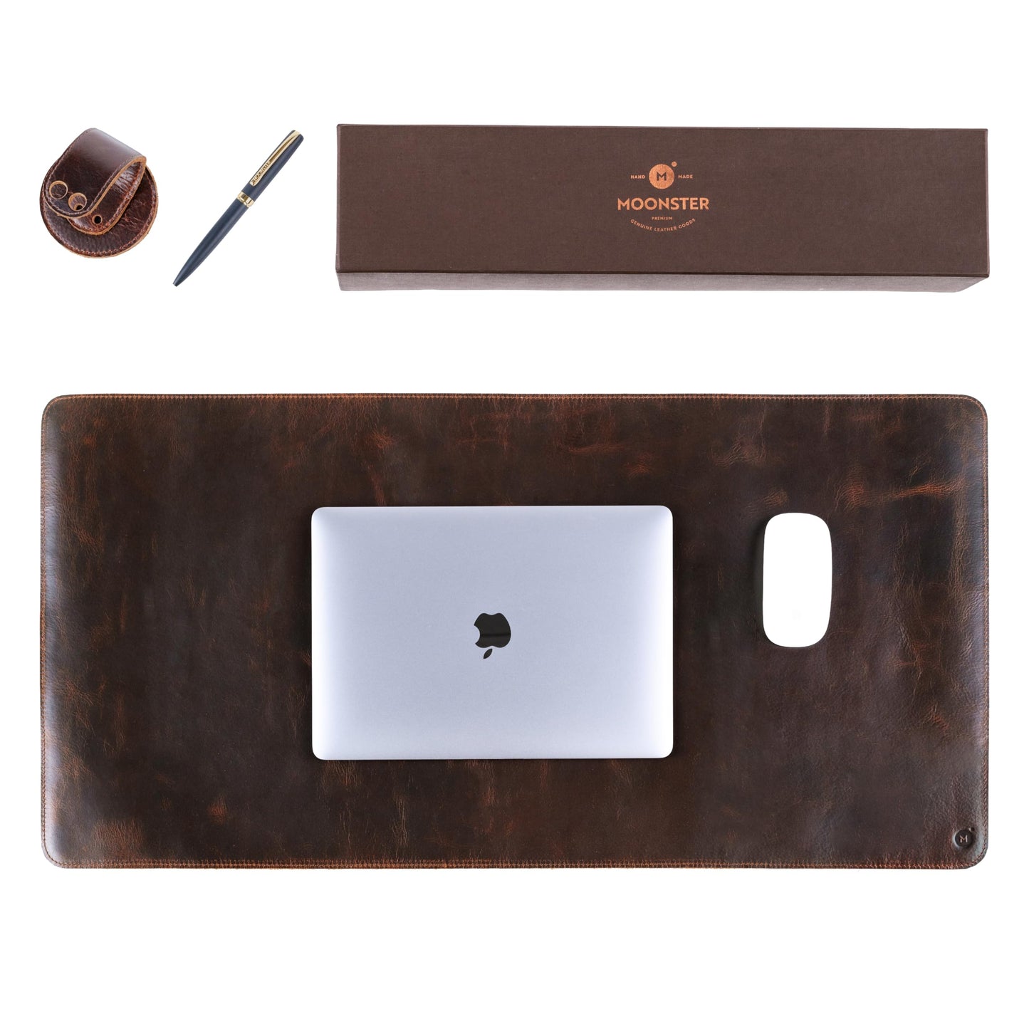 moonster 100% Full Grain Buffalo Leather Desk Pad with Ballpoint Pen & Pen Holder – 31 x 16 in Office Desk Mat, Large Mouse Pad, Non-Slip Desk Blotter, Laptop Table Protector, Desk Cover for Work