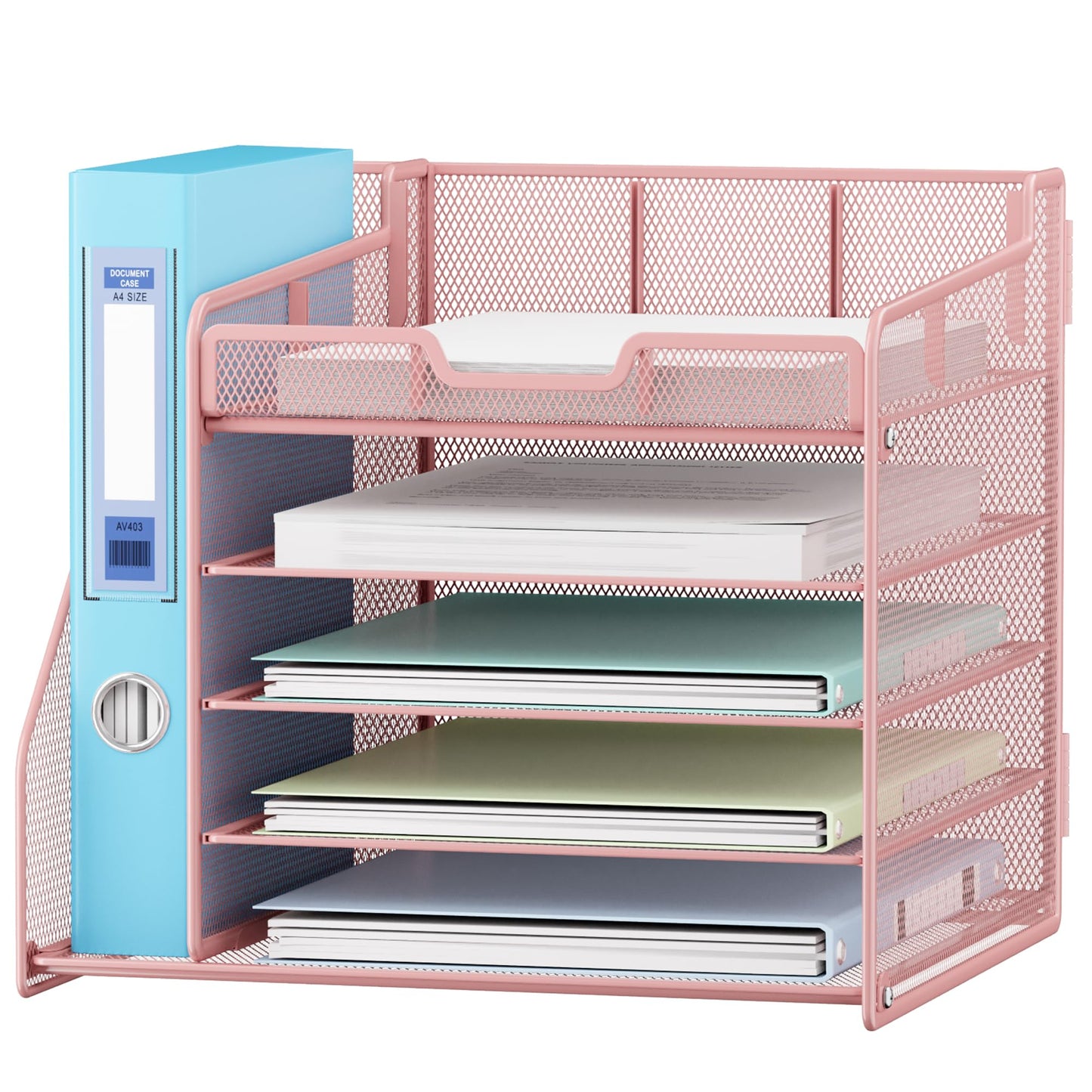 Lavatino Desk Organizer, 5-Tier Metal Mesh Paper Letter Tray with File Holder & 7 Flexible Dividers for Office or Home Desk Organizers and Accessories, Keep Workspace Supplies Neat & Organized, Pink