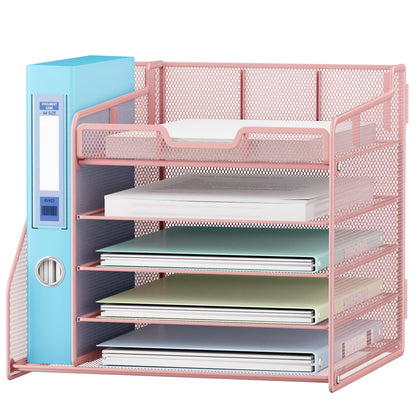 Lavatino Desk Organizer, 5-Tier Metal Mesh Paper Letter Tray with File Holder & 7 Flexible Dividers for Office or Home Desk Organizers and Accessories, Keep Workspace Supplies Neat & Organized, Pink