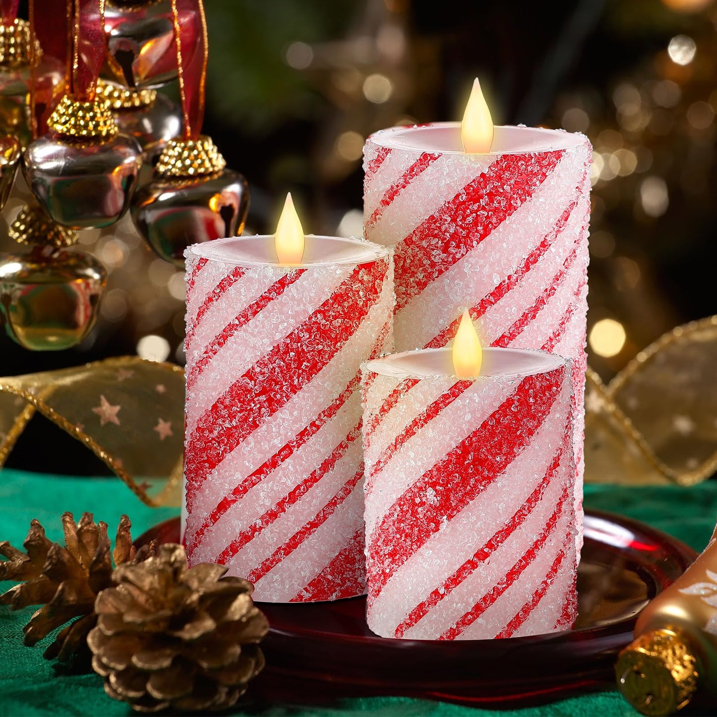 Baquler 3 Pcs Christmas Flameless Candles Pastel Candy Cane LED Pillar Candle Peppermint Glitter Red and White Battery Operated Candlestick for Xmas Party Holiday Table Home Decoration(Thin Stripe)