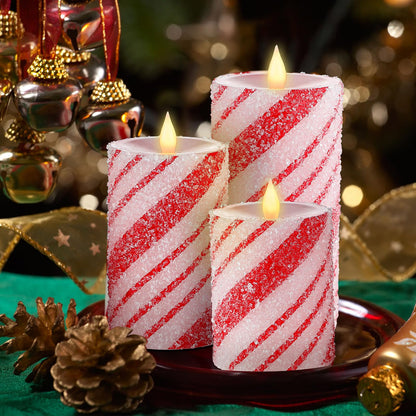 Baquler 3 Pcs Christmas Flameless Candles Pastel Candy Cane LED Pillar Candle Peppermint Glitter Red and White Battery Operated Candlestick for Xmas Party Holiday Table Home Decoration(Thin Stripe)