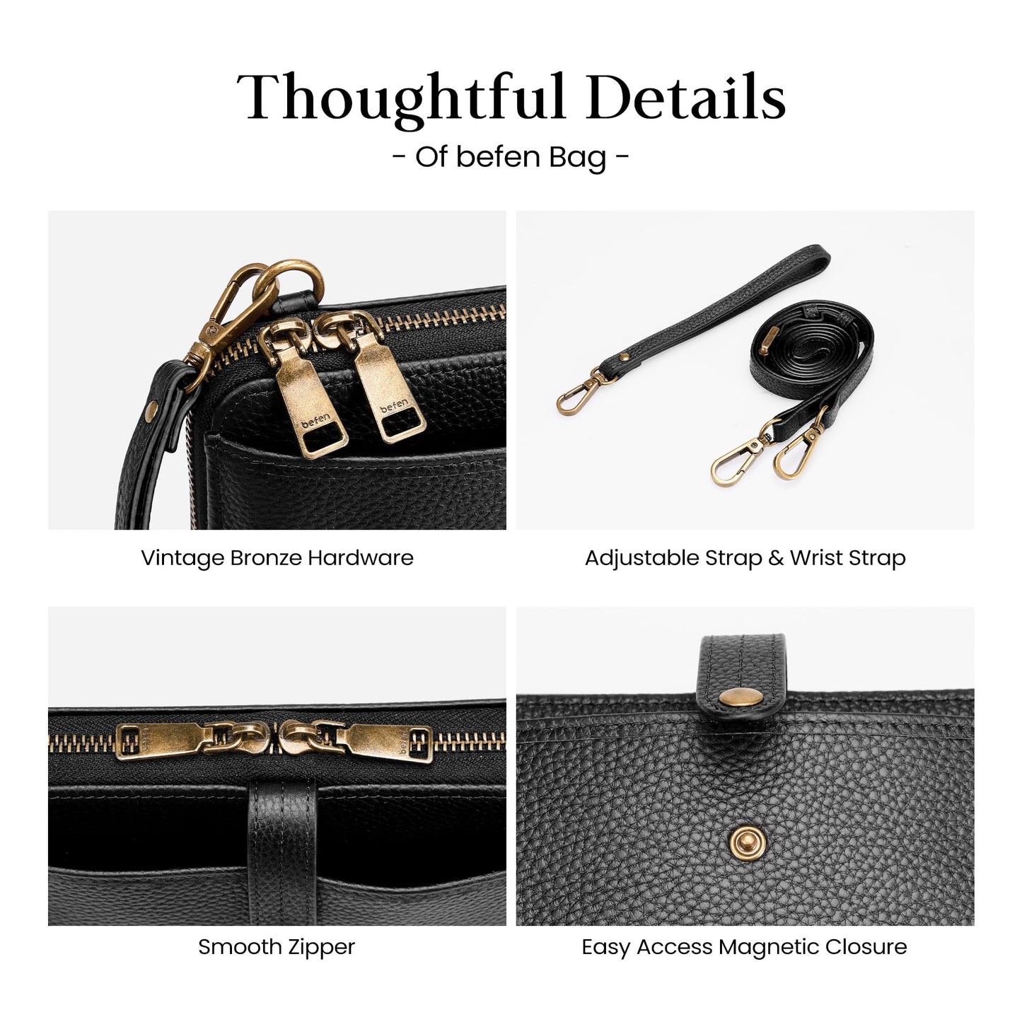 befen Genuine Leather Wristlet Wallets for Women, Black Cell Phone Purse with Built in Wallet Soft Real Leather Crossbody Bag with RFID Blocking Travel Small Cluth Purse with Wrist and Crossbody Strap