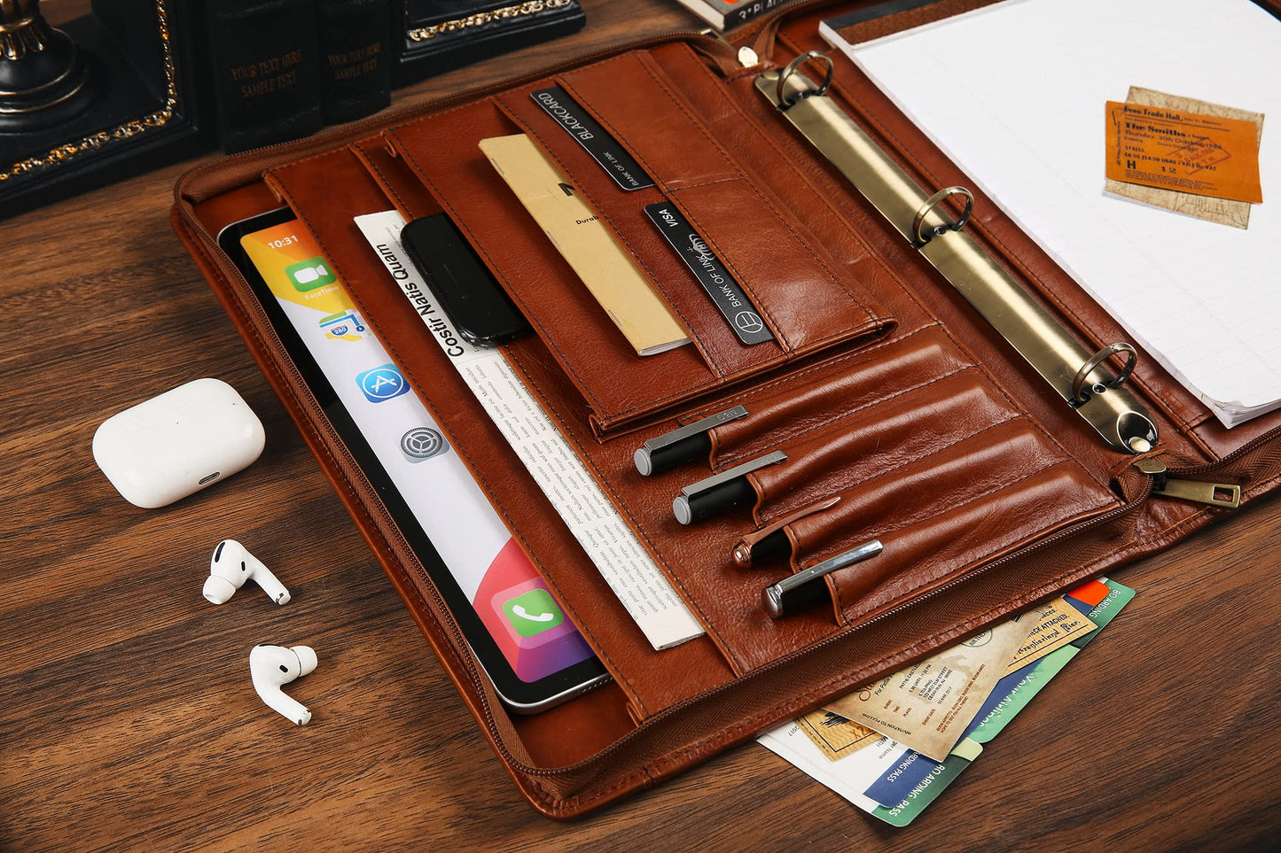 Handmade Leather Portfolio Binder - 3 Ring Binder Portfolio Genuine Leather Business Padfolio, Personlized Legal Pad Folio Folder for Lefty & Righty - Oil Brown