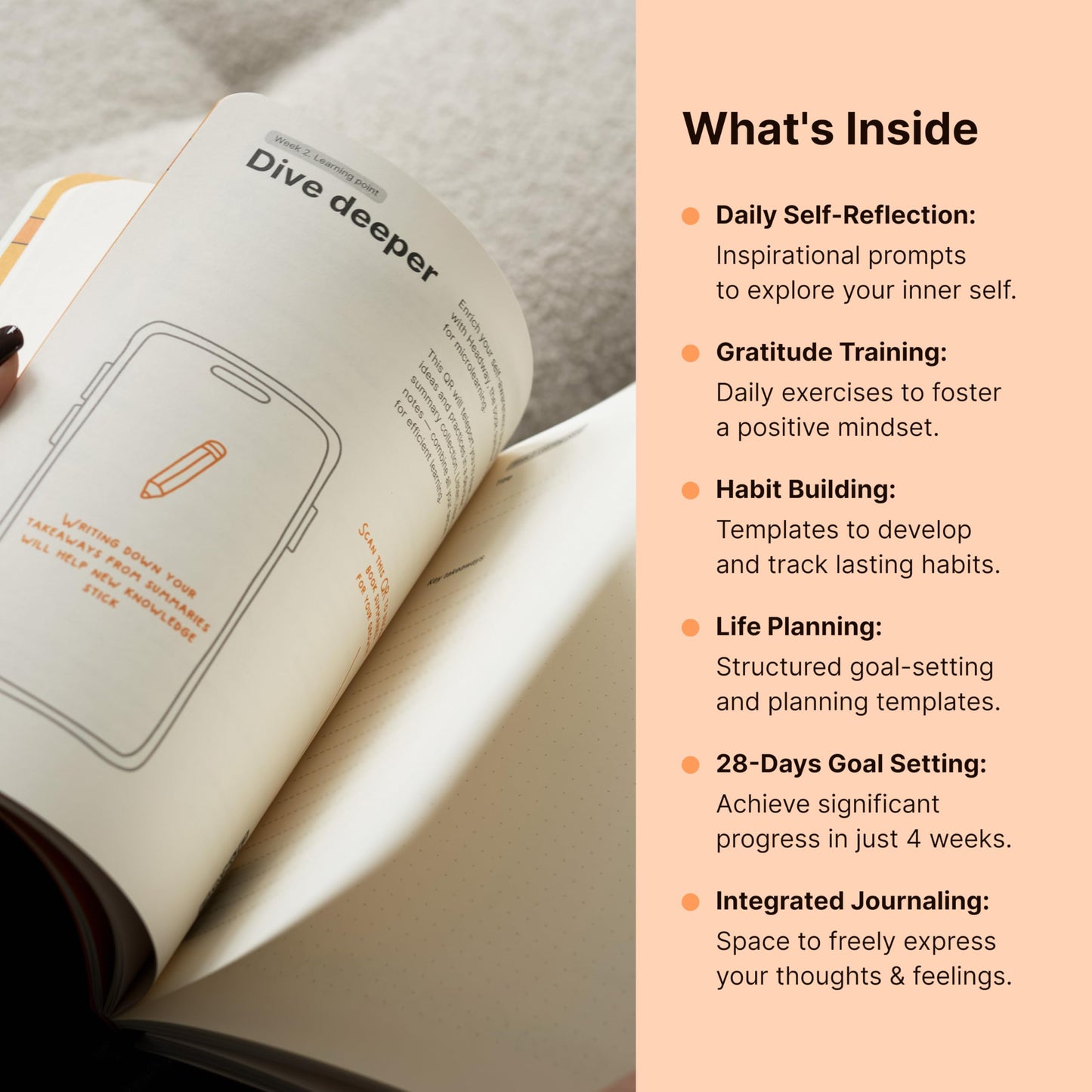 Headway Self-Awareness Guided Journal for Women, Daily Self-Care Planner with Prompts, Motivation Gratitude & Mental Health Journal, Leather Soft Cover Mindfulness Habit Tracker, 8.2" x 6.5", Orange