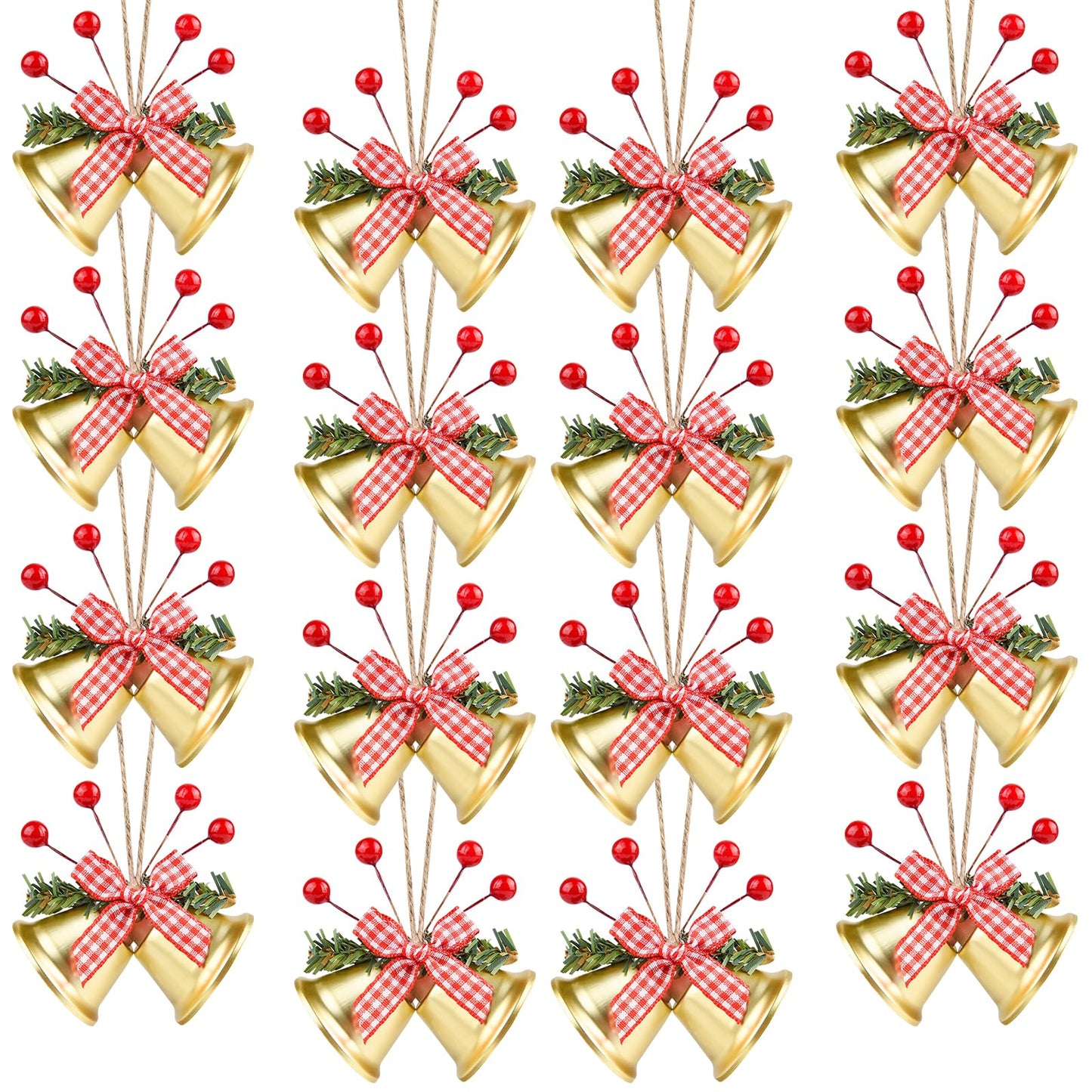 ASTARON 12 Pcs Christmas Bell Ornaments Xmas Tree Hanging Ornaments Jingle Bells with Holly Berries for Christmas Wreath Crafts Holiday Tree Decorations (Gold)