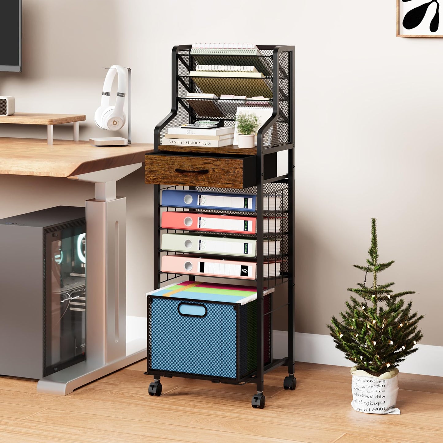 SWTYMIKI 10-Tier Rolling File Cart - Mesh Paper Organizer with Drawer & Hanging File Folders on Lockable Wheels, Rolling File Cabinet for Office Organization, Storage in Home, Studio, School, Espresso