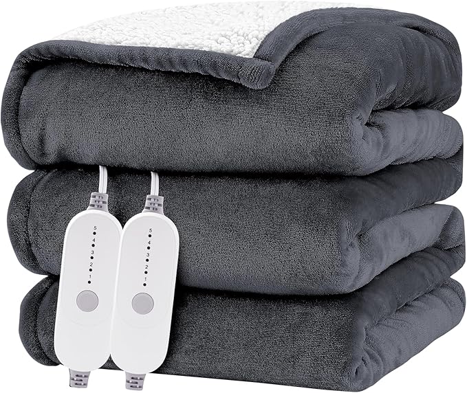 HYLEORY Heated Electric Blanket Queen 84"x90" Soft Fleece & Flannel with 5 Heating Levels & 10 Hours Timer Auto Shutt Off, ETL Certified, Washable，Heated Blanket for Body-Dark Grey