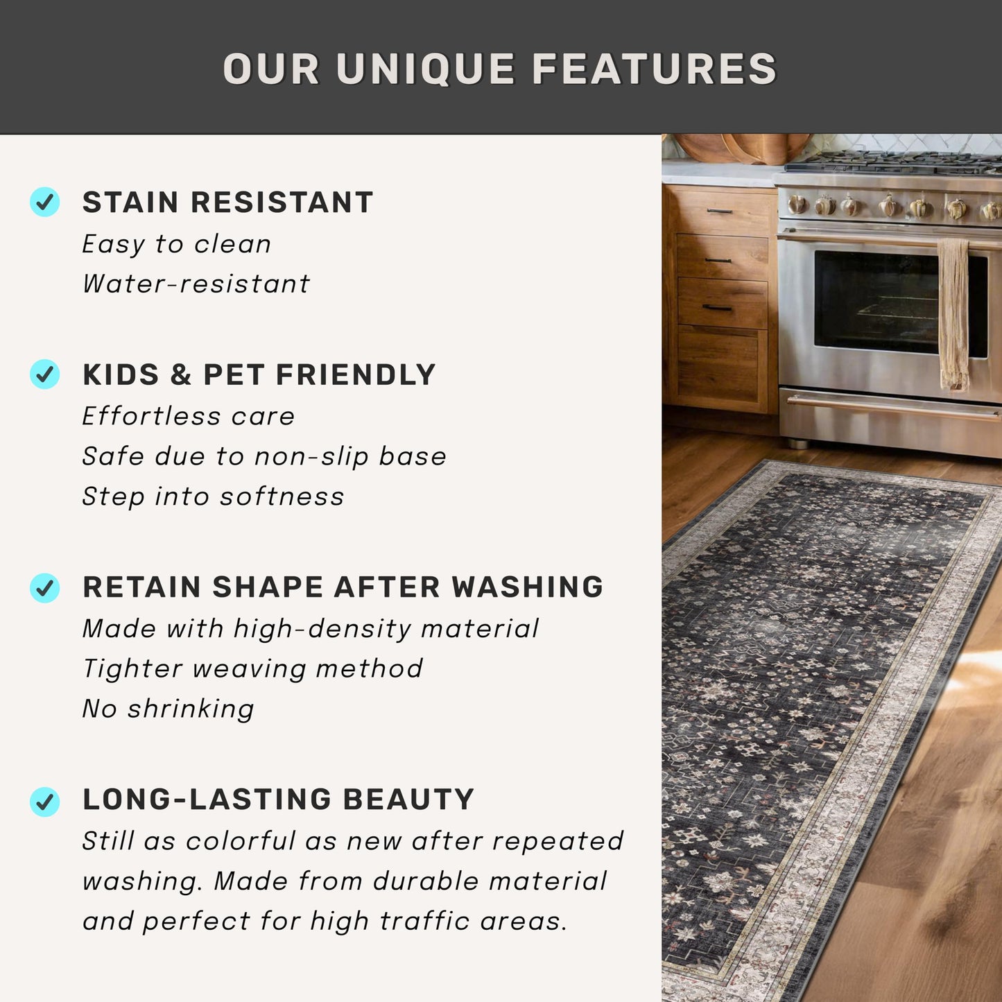 Black Washable Entry Rug, 2x3 Small Rugs for Entryway Kitchen Bathroom Door Mat Indoor Entrance, Non Slip Rubber Backing, Stain & Fade Resistant, Ashen Charcoal Floral Decor