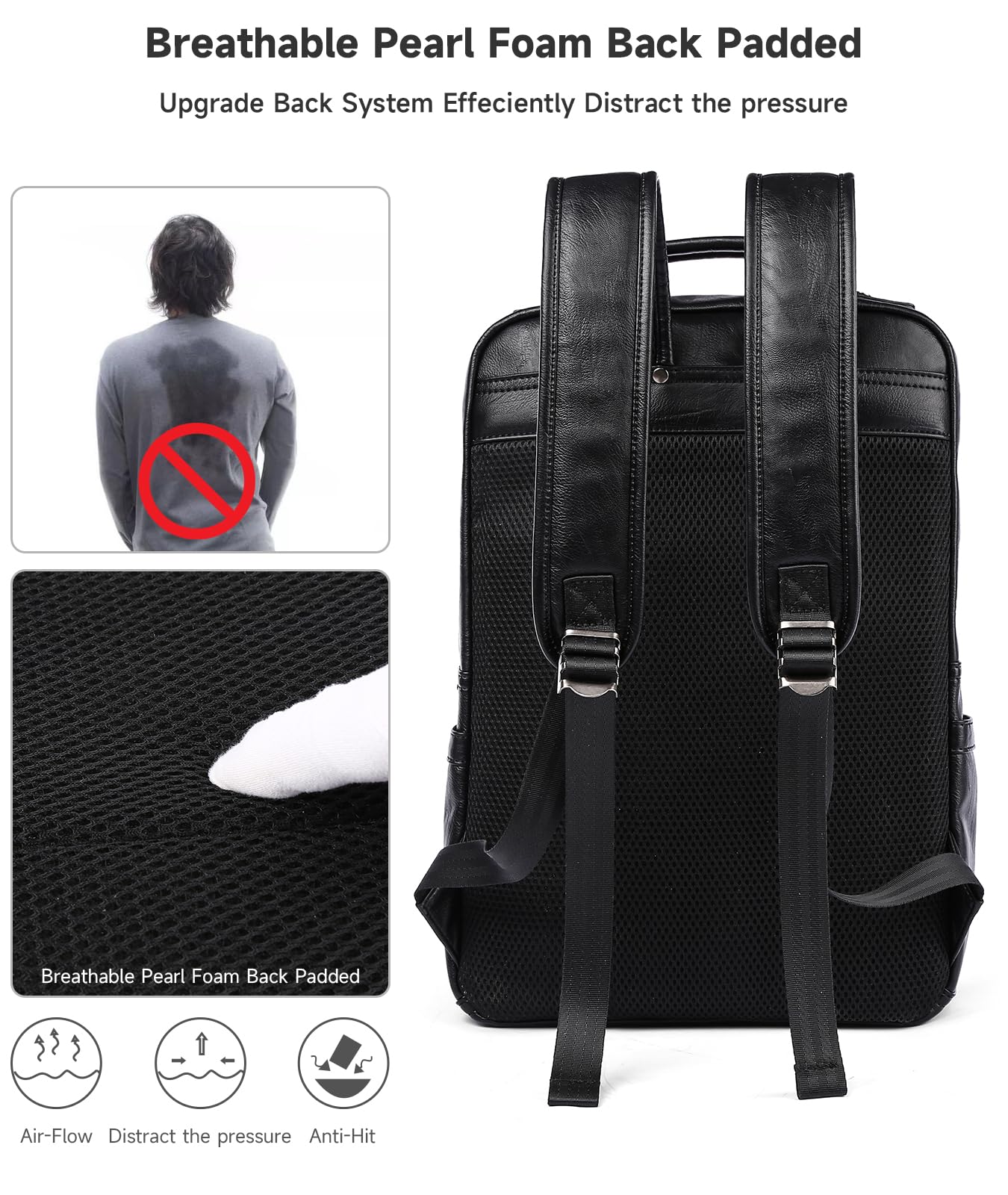 MOYYI Black Leather Backpack for Men Waterproof Fit 15.6 inch Laptop Backpack Work Commute Casual Daypack