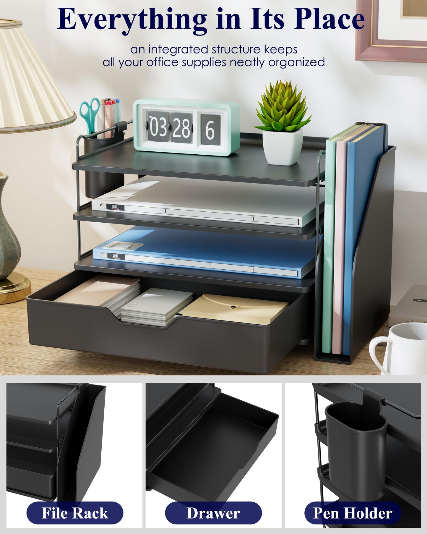 Kitsure Desk Organizer - 4-Tier Office Desk Accessories with Drawer ＆ Pen Holder, Tool-Free Assembly Organizer with Non-Slip Pads, for Office Supplies Storage, Plastic, 13.3" x 8.0" x 10.8", Black
