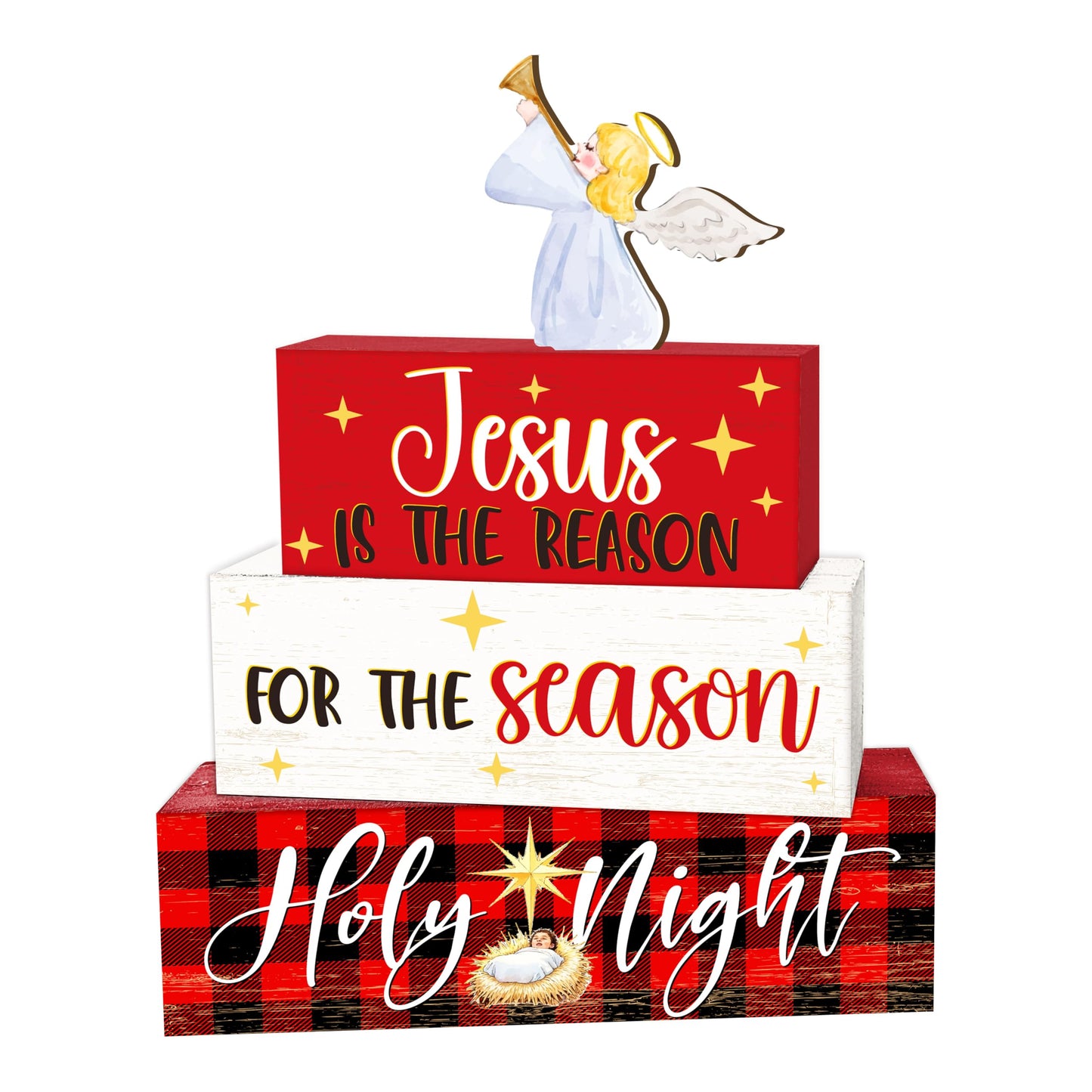 4 Pcs Angel Christmas Decor, Jesus Table Decorations, Holy Night Christmas Tiered Tray Desk Decor Gifts, Wooden Christian Stack Block Signs Table Centerpiece for Farmhouse Office -A03