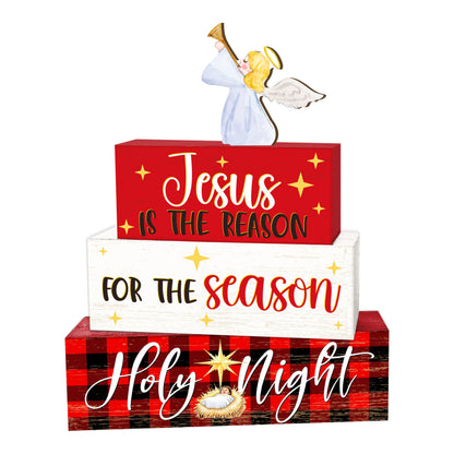 4 Pcs Angel Christmas Decor, Jesus Table Decorations, Holy Night Christmas Tiered Tray Desk Decor Gifts, Wooden Christian Stack Block Signs Table Centerpiece for Farmhouse Office -A03