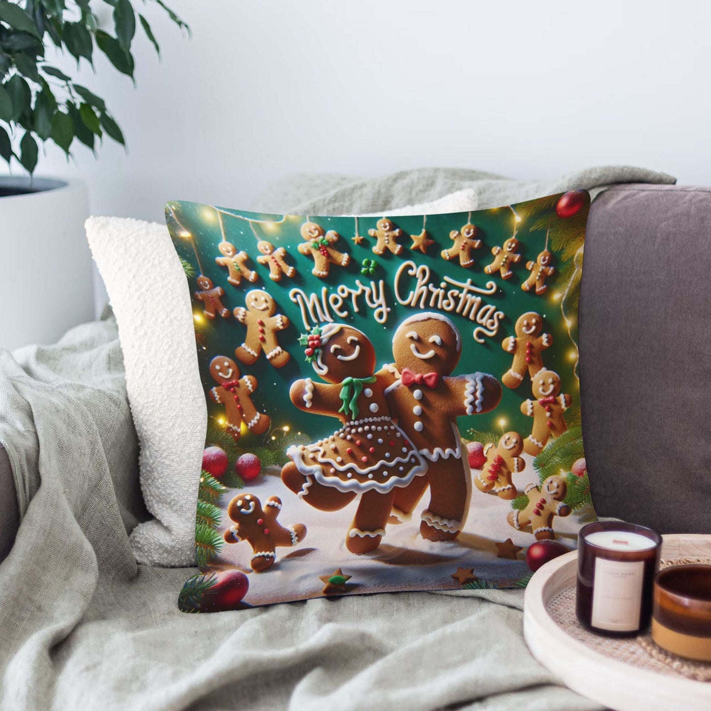 Throw Pillow Cover 20x20 Inch,Gingerbread Man Woman Dancing With Words Merry Christmas Spelled With Gingerbread Men Throw Pillow Case,Home Decor Cushion Covers for Sofa Living Room Couch Bed