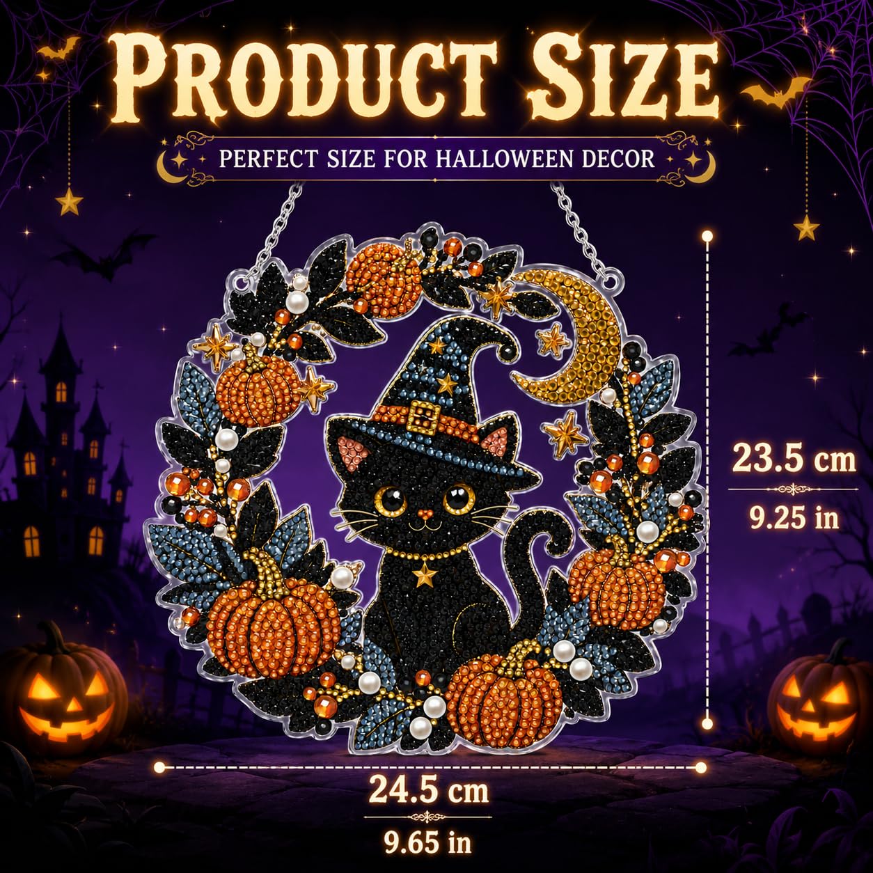 DIY Diamond Art Painting Wreath Kits，Special Shaped Rhinestone Hanging Ornament Diamond Art Window Pendants for Gift Home Garden Wall Hanging Kits,Double Sided (Halloween Black Cat)