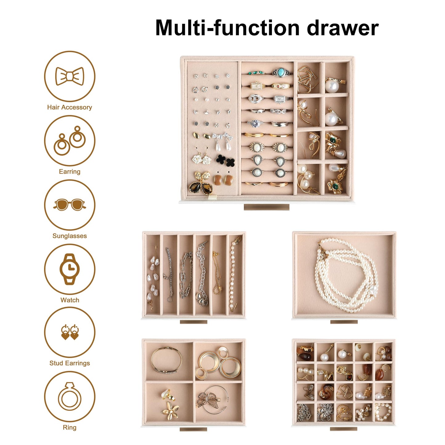 Frebeauty Clear Lid Jewelry Box,5-Layer Jewelry Organizer with Drawer,PU Leather Jewelry Organizers and Storage,Jewelry Boxes for Women,Jewelry Storage for Rings Earring Stud,Gift for Women(White)