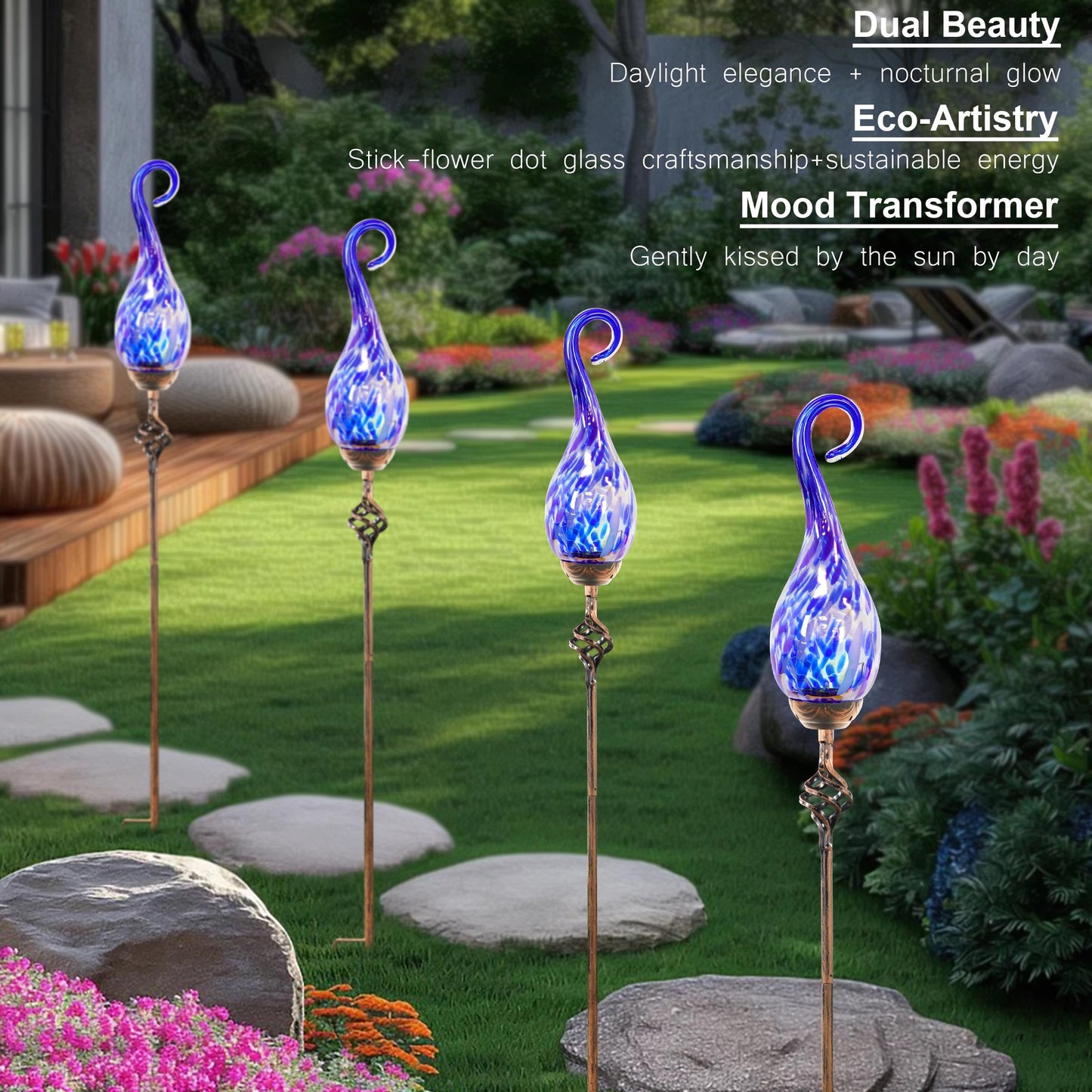 Naboher Garden Solar Lights Outdoor, Decorative LED Pearlized Glass Spiral Garden Stake with Finial, Hand Blown Glass and Metal Outdoor Decoration, 3 x 36 Inch (Dark Blue)