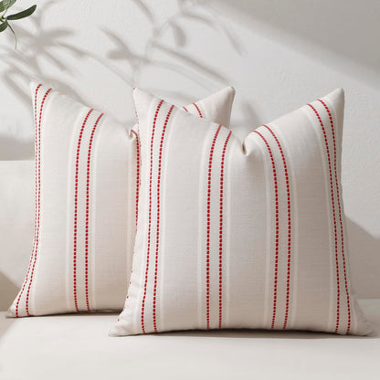 Hckot Christmas Pillow Covers 18x18 Set of 2 Red Striped Throw Pillow Covers Linen Decorative Pillows Square Cushion Covers for Sofa Couch Bed Living Room Xmas Winter Decorations(Red)