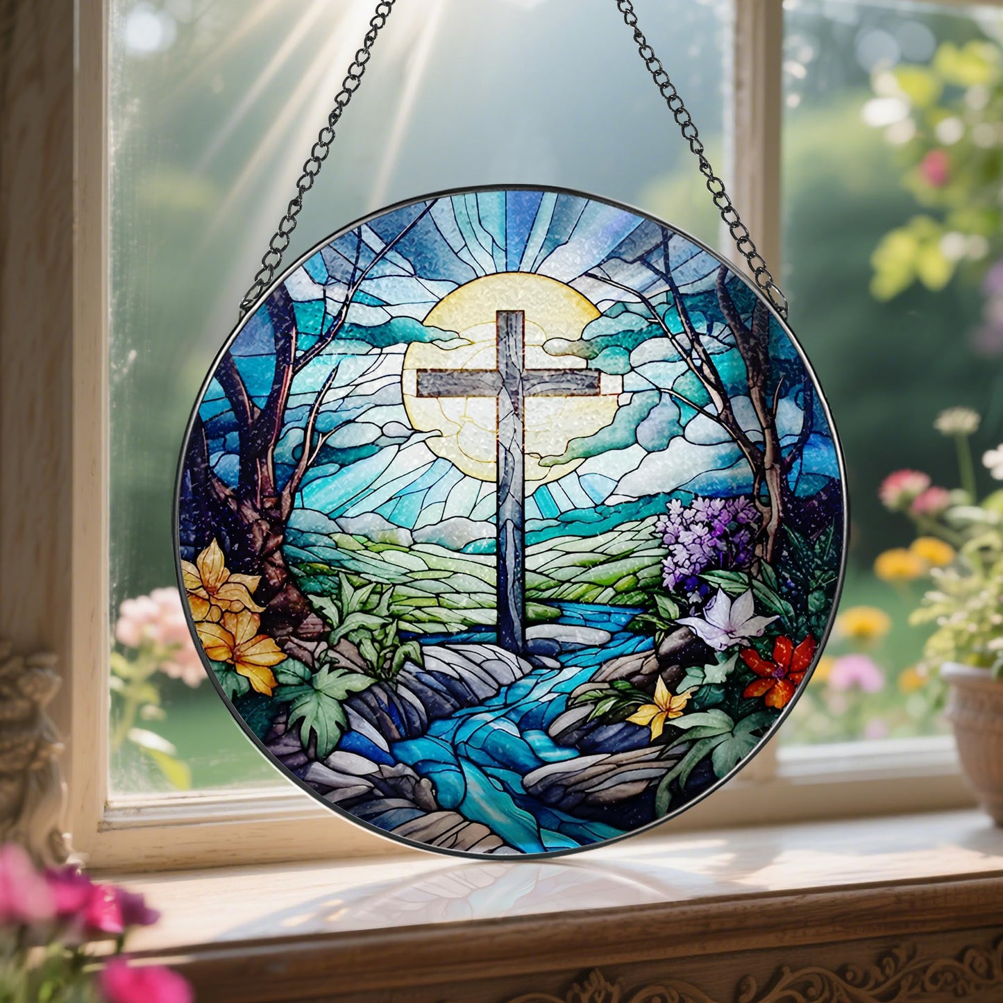 8 Inch Cross Stained Glass Suncatcher - Stained Glass Window Hanging, Sun Catchers Indoor Window, Christian Decor, Window Decor Hanging | Christian Gifts, Religious Gifts, Baptism Gift