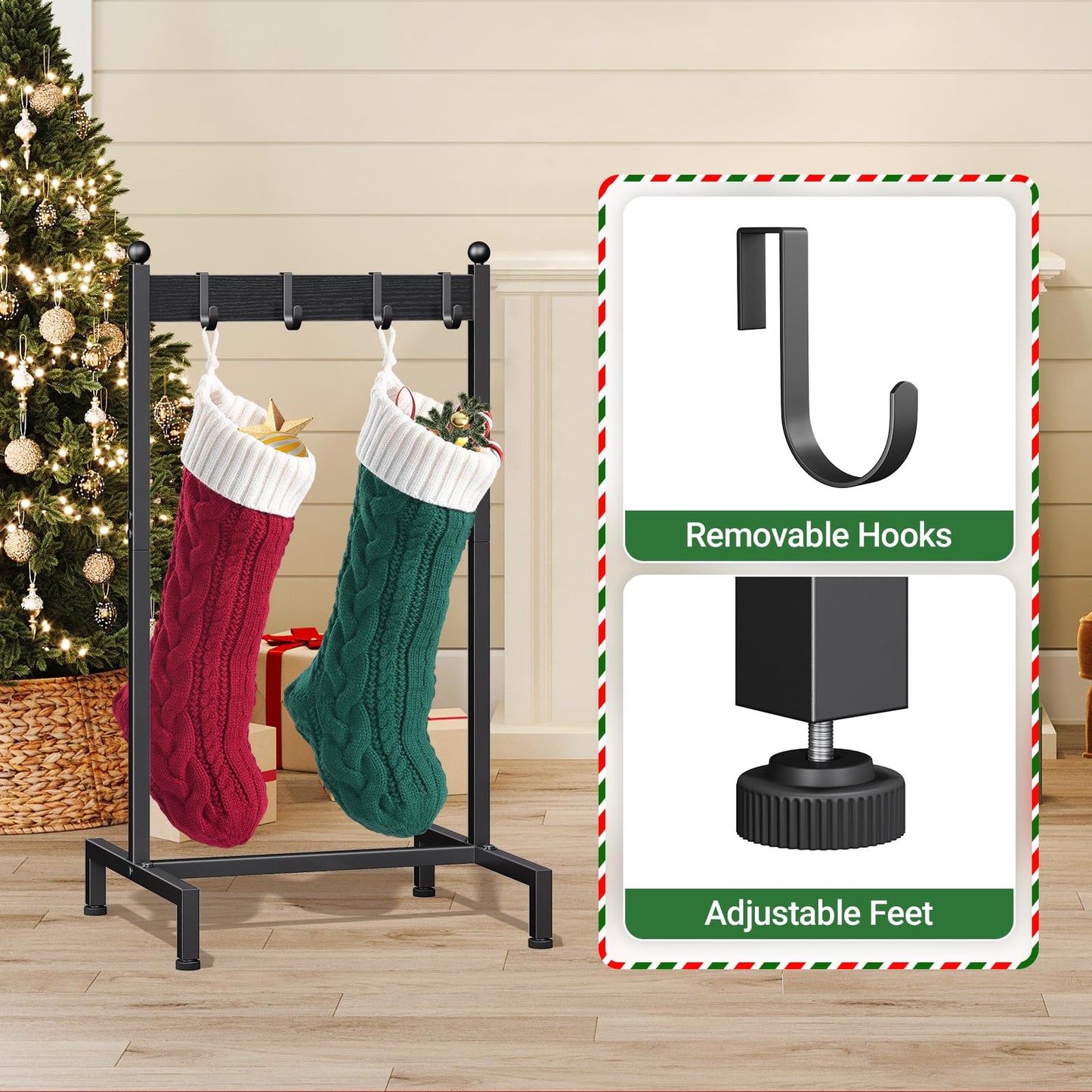 ELYKEN Christmas Stocking Holder Stand for Floor, Free Standing Stocking Rack with 4 Removable Hooks, Wood Stocking Hanger Stand, Heavy Duty Xmas Stocking Stand with Adjustable Feet, Black