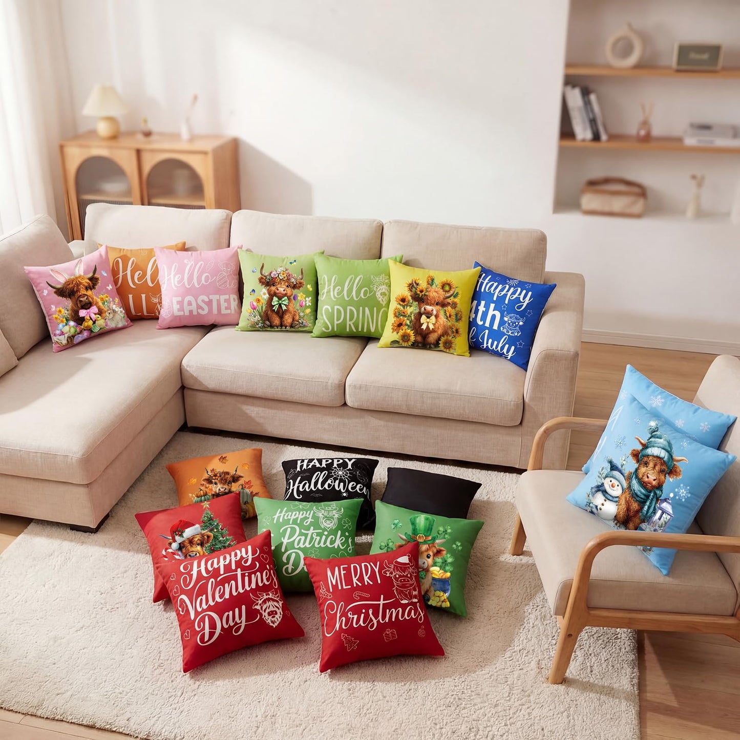 Mindsoft 20 Pcs Holiday Pillow Covers 18 x 18 Easter Pillow Cover Spring Summer 250th Anniversary Pillowcase Decorative Seasonal Cushion Case for Farmhouse Home Sofa(Highland Cow)