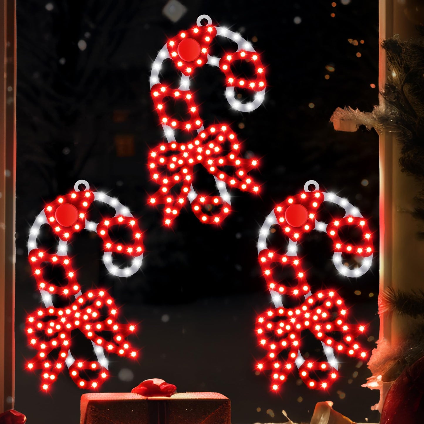 HappyAlley 3 Pack Christmas Window Decorations, 10 in. 300 LED Hi Vibrant Twinkling Lighted Candy Cane Window Light with Bows, Waterproof Outdoor Red and White Candy Cane Decorations for Walls, Porch