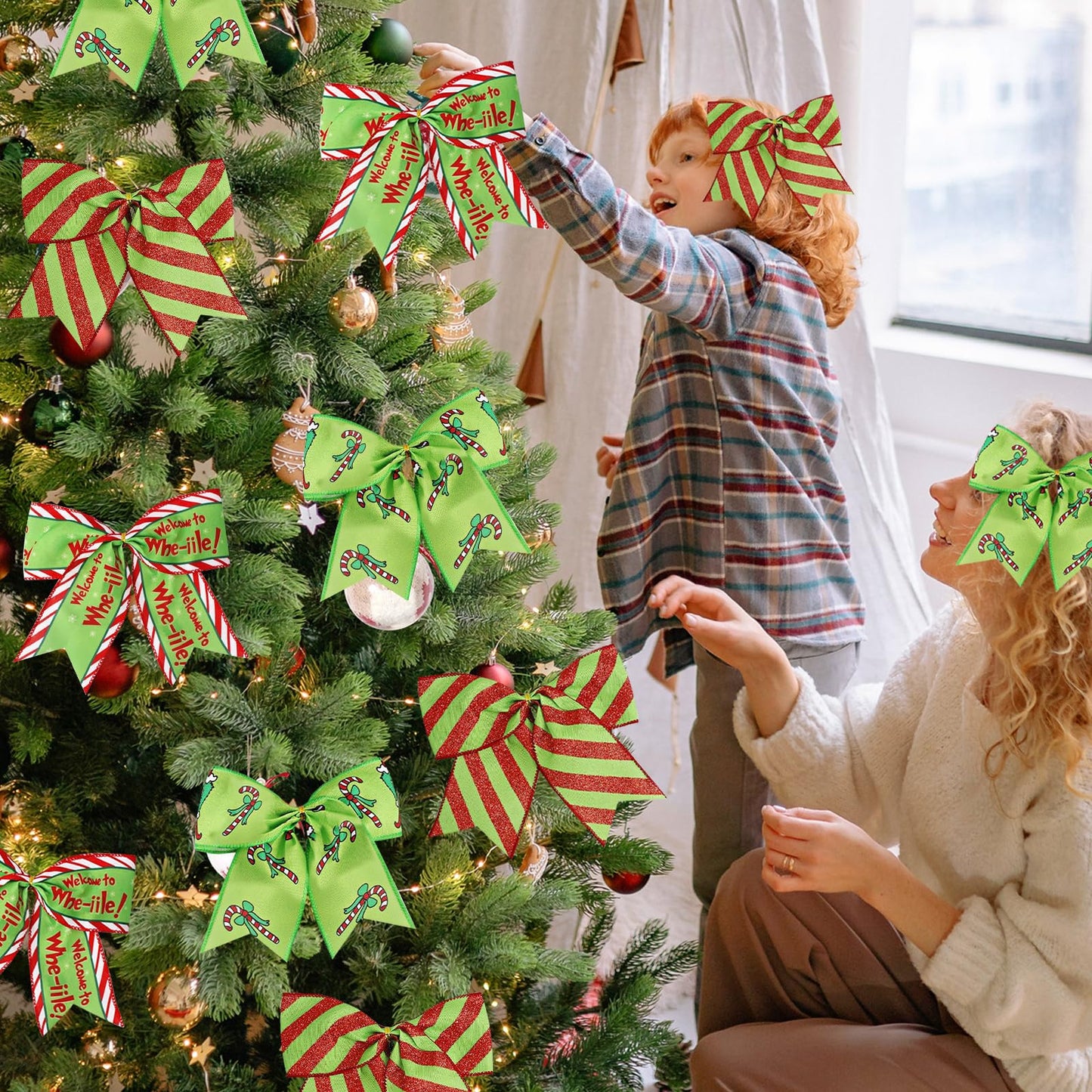 12Pcs Christmas Ornaments Bows Christmas Tree Decorations Red Green 6" Large Wreaths Bows for Gifts Wrapping Holiday Party Xmas Decor