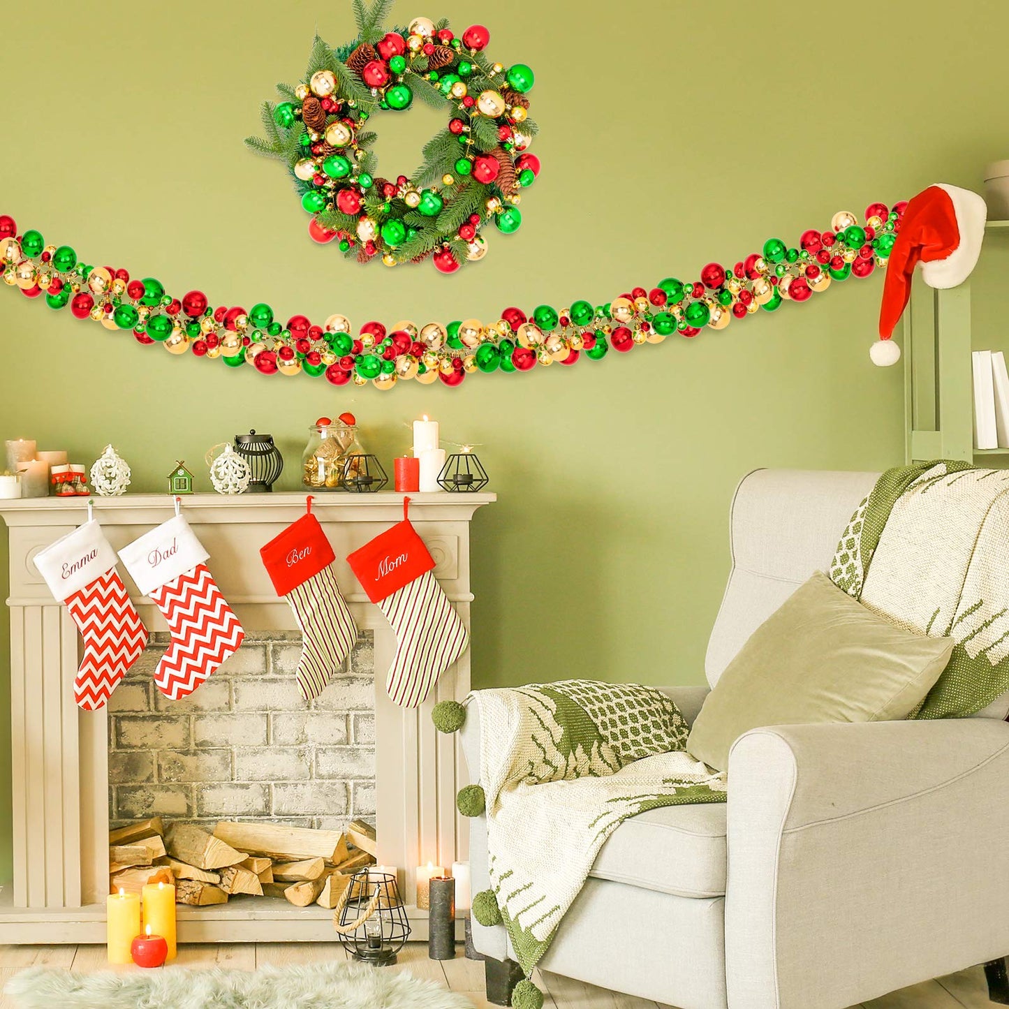 Whaline Christmas Ball Garland Ball Ornament 6ft Bauble Garland Christmas Tree Ball Decoration Shatterproof Ball Ornaments for Xmas Party Supplies, Indoor Outdoor Home Office, Red Green Gold