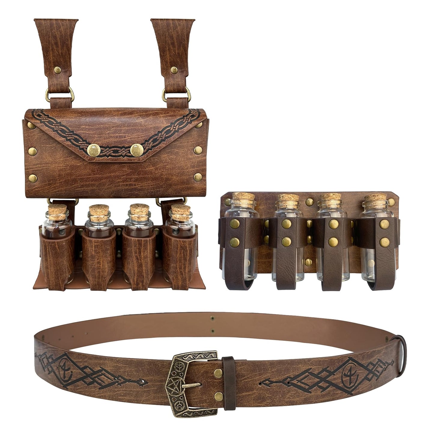 EpicCos 3 PCs Medieval Alchemy Belt Waist Pack Combo with Multiple Potion Bottles, Viking Rivet Belt Side Pouch for Cosplay (Brown C)