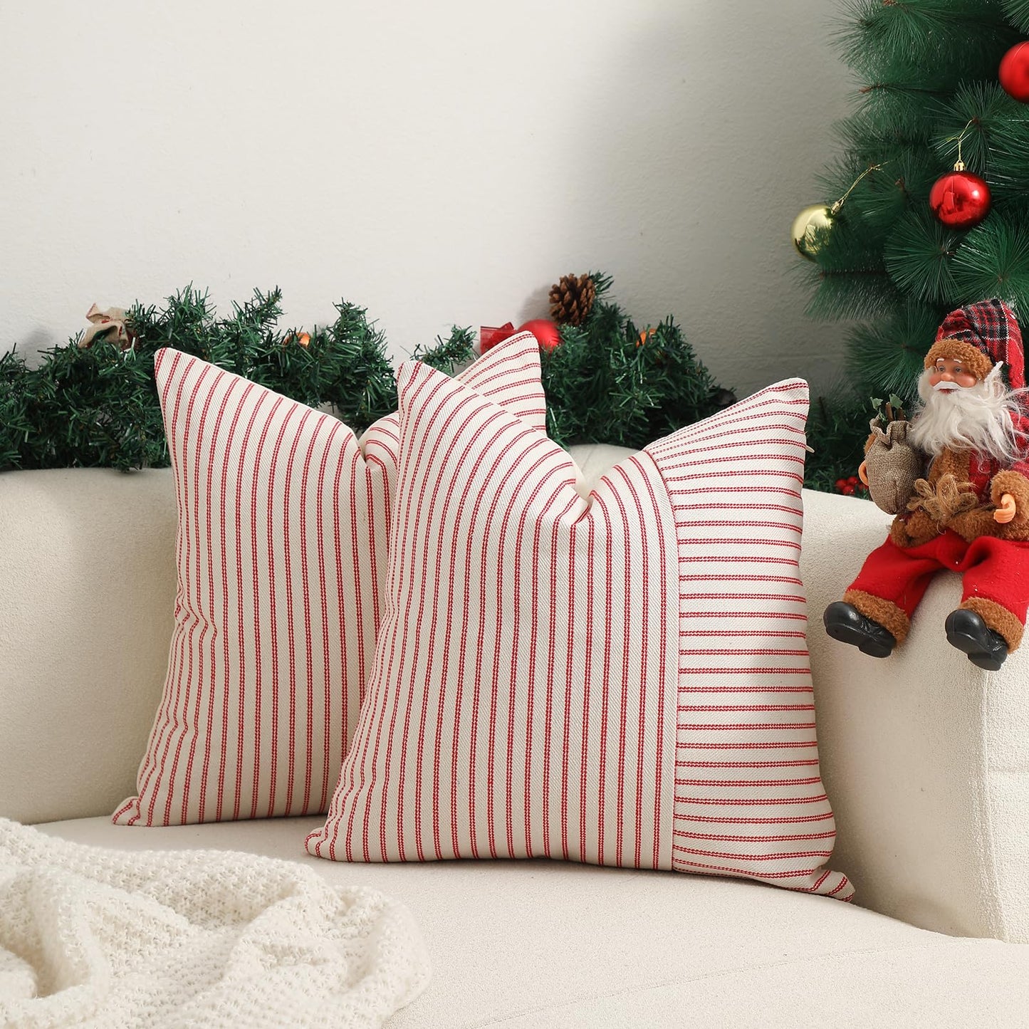 Hckot Christmas Farmhouse Pillow Covers 20x20, Red Throw Pillow Covers Set of 2, Striped Linen Decorative Pillows Cushion Covers for Couch Chair Beding Xmas Winter Decorations(Red)