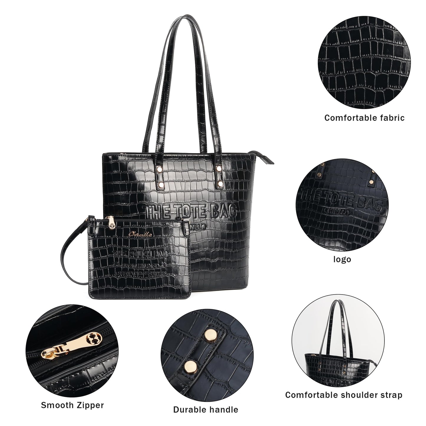 Chinllo Tote Bag for Women, Large Crocodile Top Handle Handbags Purse Set with Clutch Bag (Dc.Black)