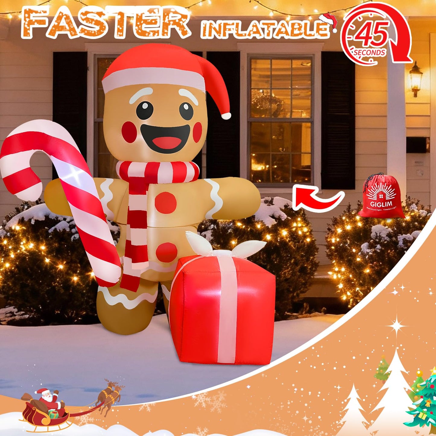 GIGLIM 5.5FT Christmas Inflatable Gingerbread 5.5FT Gingerbread Man Inflatable Christmas Outdoor Decoration Xmas Gingerbread Blow Up Decor with Built-in 4 LED for Yard Garden Lawn(with Storage Bag)