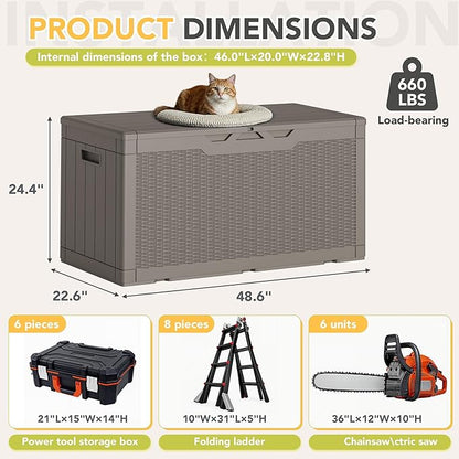 Greesum 100 Gallon Resin Deck Box Lockable Large Outdoor Storage Boxes for Garden Tools, Patio Furniture Cushions, Pool Supplies, Light Coffee