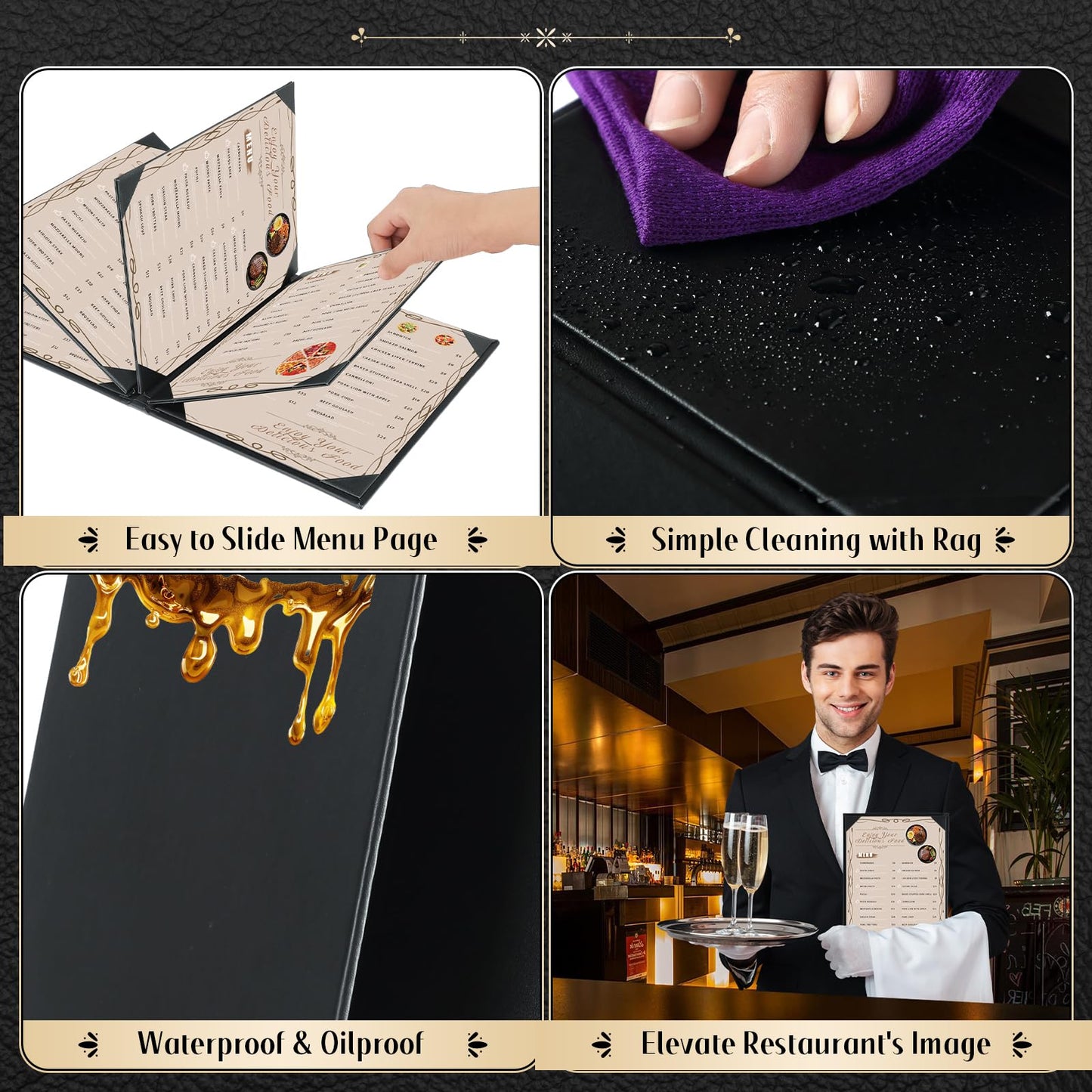 FLKQC Restaurant Menu Covers Holders 8.5 X 11, 5 Pack Synthetic Leather Menu Holder Covers Book Style with Angled Corners Black for Wine List, Certificate Organizer Diploma Holder (5 Page 8 View)