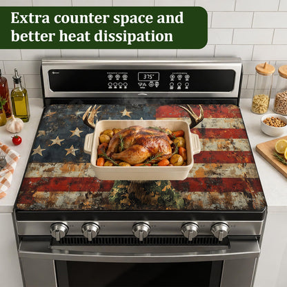 American Flag Electric Stove Top Cover Protector,Grunge Deer Glass Flat Top Stove Mat,Heat-Resistant Oven Induction Cooktop Mat for Ceramic Countertop Mats Dish Drying Mat