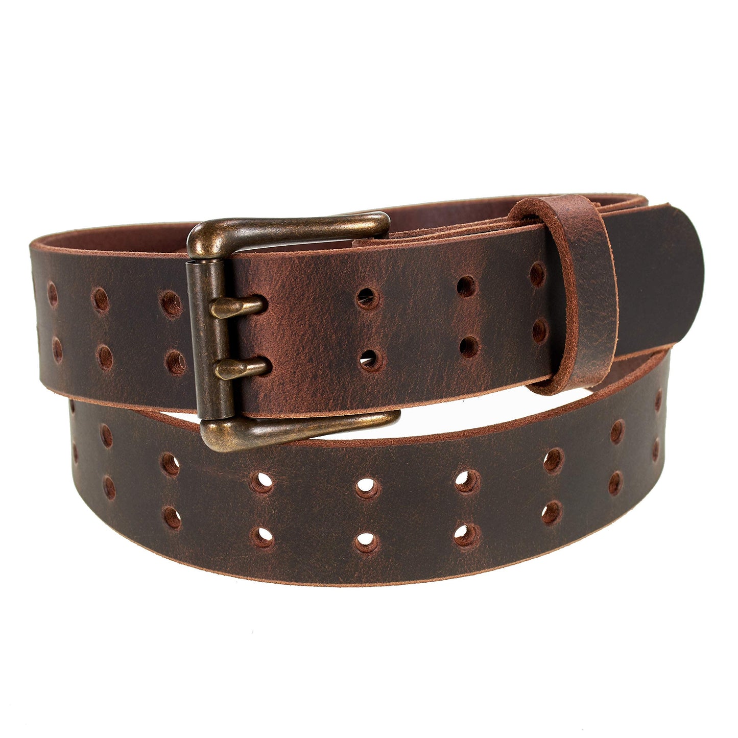 Men’s Classic Leather Belt, Double Prong Retro Style, Antique Brass Buckle, 1 ½” Width, Amish handmade in the USA (Vintage Brown, 44")