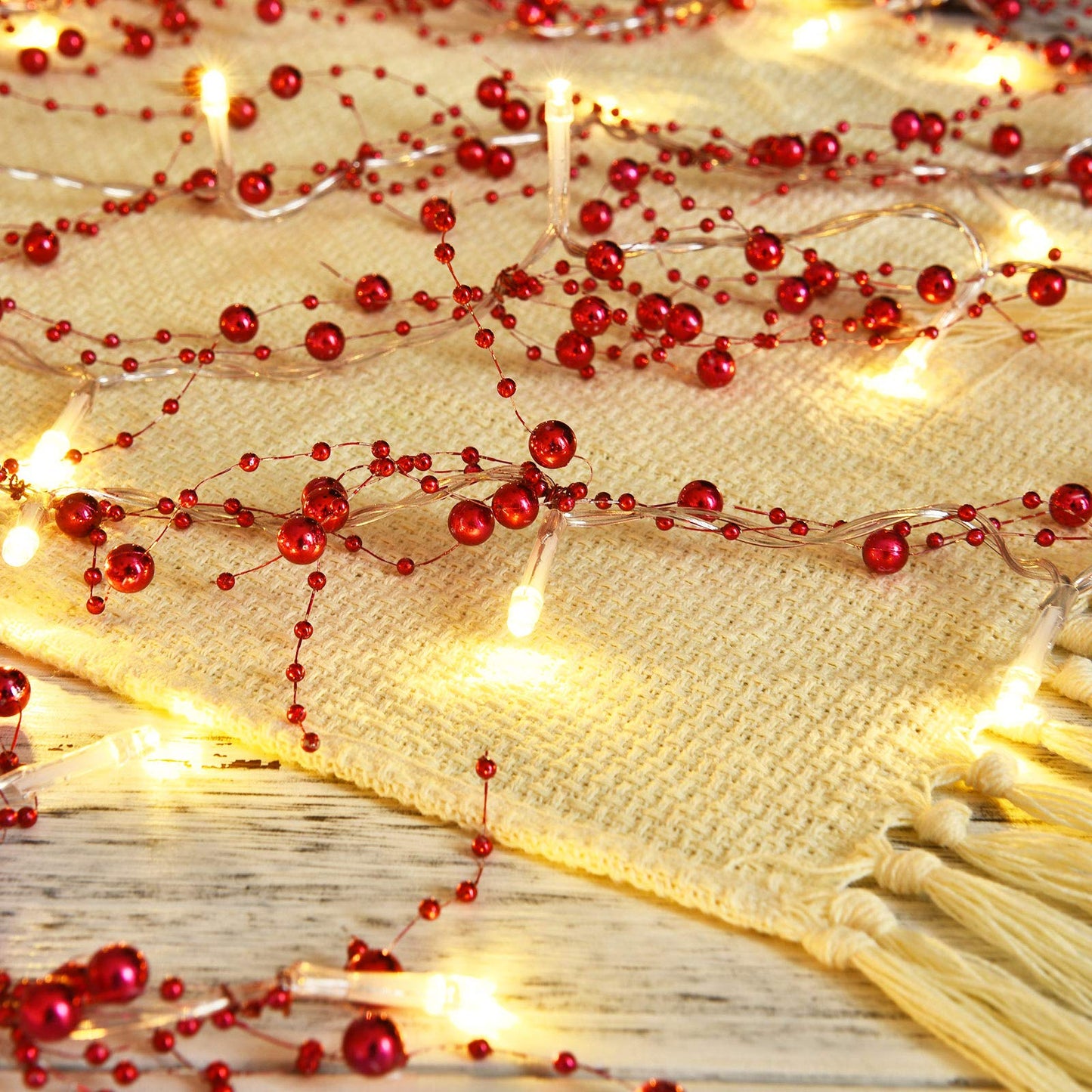 Mudder 10 Feet 30 LED Christmas Light Metal Berry Beaded Garland Indoor Christmas String Lights for Fireplace Mantel Indoor Xma Light Decorations(Red)