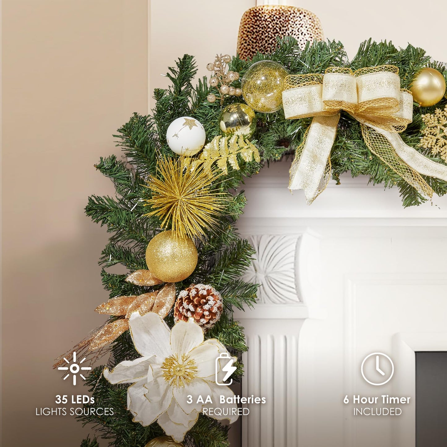 WBHome Pre-lit 6 Feet/72 Inch Christmas Garland, White & Gold Lighted Garland with 35 LED Lights for Indoor Outdoor Xmas Decor Holiday Decorations, Battery Operated (Batteries NOT Included)