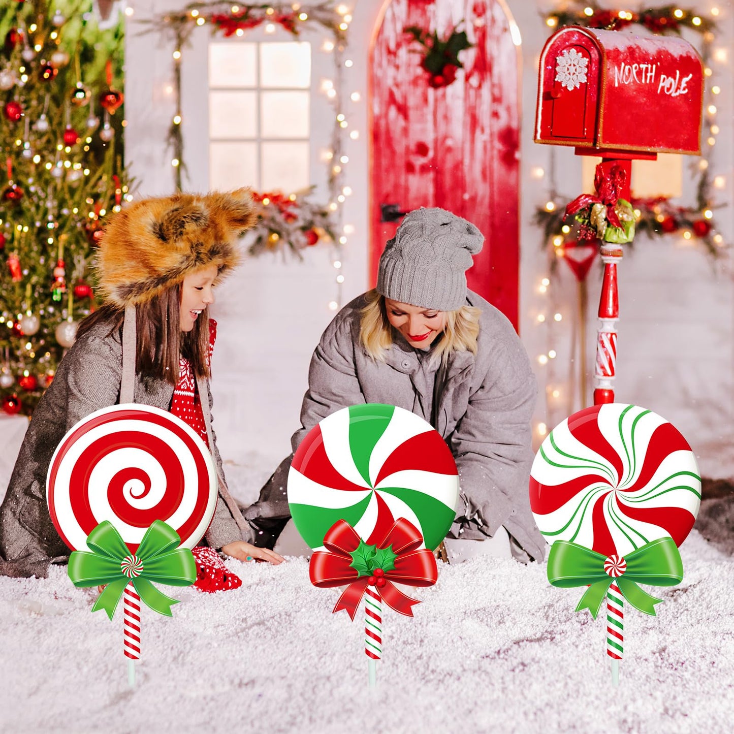 Drydiet 3 Pack Metal Christmas Yard Signs Decor Xmas Yard Stakes Outdoor with Stakes for Holiday Outdoor Garden Lawn Pathway Decoration(Candy)