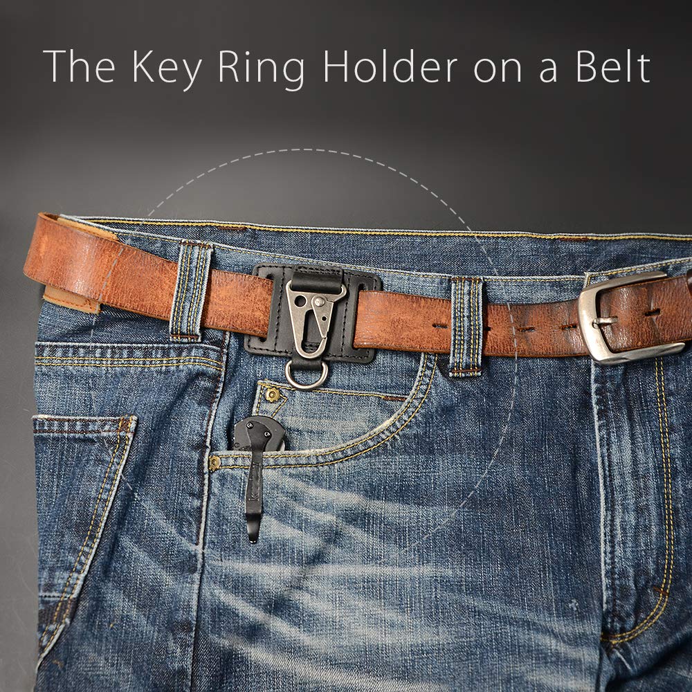 EDC Leather Key Ring Keychain Holder Belt Loop, Heavy Duty Belt Clip Key Fob Holder for Men, Key Ring on Belt, Solid Key Clip Key Chain, EDC Gear Essentials, Black.