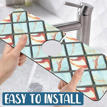Rendering Marble Sink Splash Guard Faucet Mat Blue Wall Tiles Super Absorbent