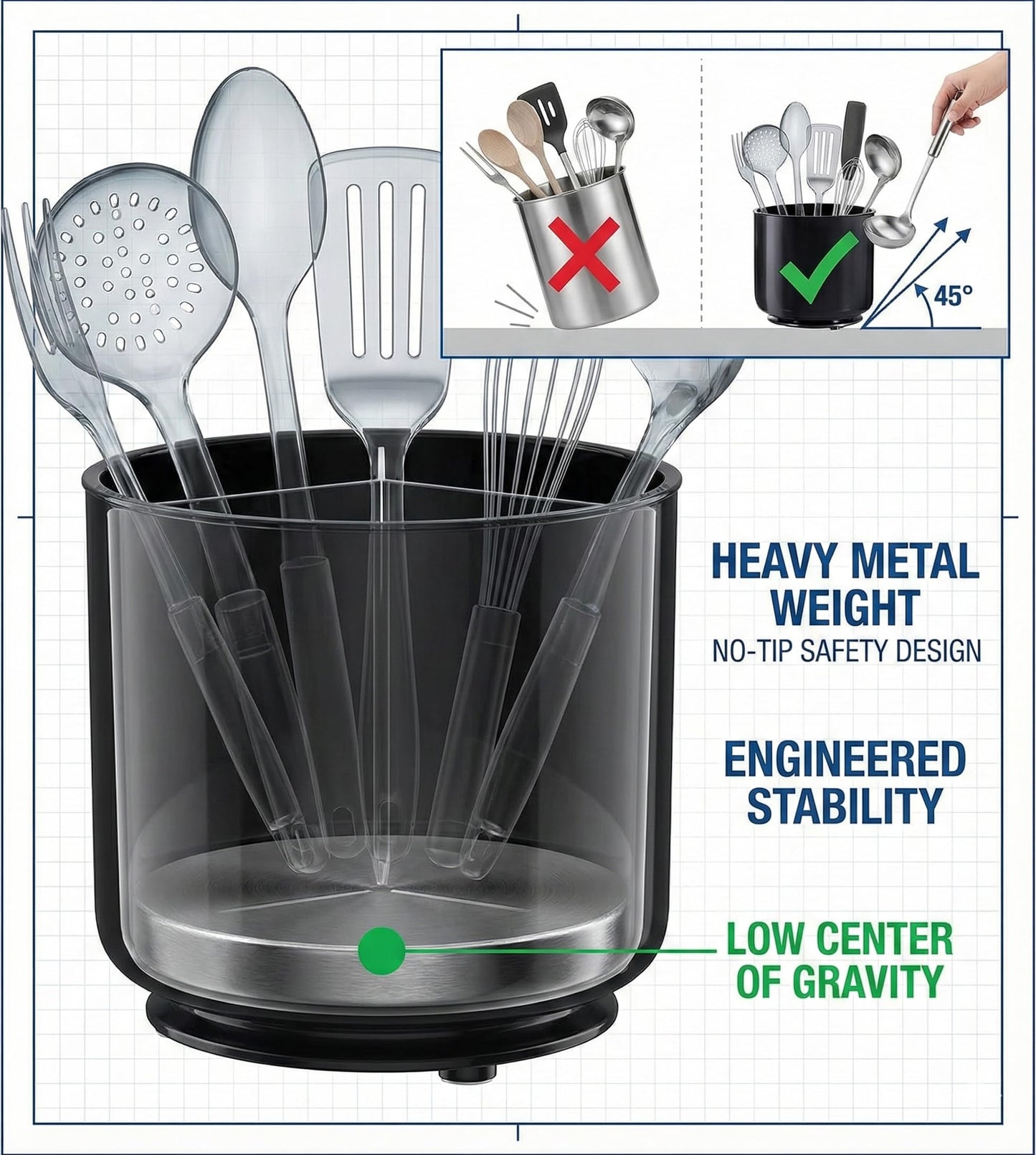 Cooler Kitchen Jumbo Extra Large Sturdy Rotating Black Utensil Holder Caddy with No-Tip Weighted Base, and Gripped Insert - Rust Proof and Dishwasher Safe Kitchen Utensils Holder