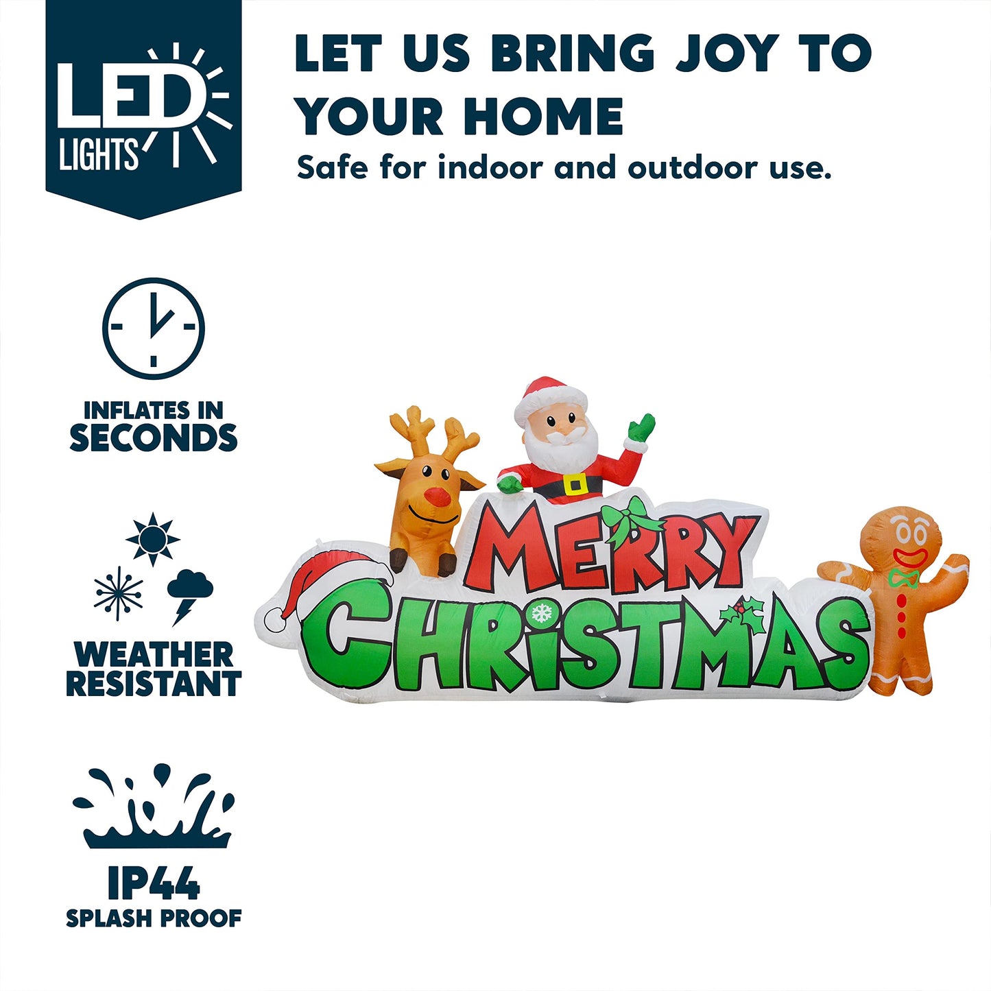 Joiedomi 9.5 FT Christmas Inflatable Merry Christmas Sign with Santa, Reindeer & Gingerbread Man – Built-in LEDs, Outdoor Yard Garden Lawn Winter Decor for Xmas Party