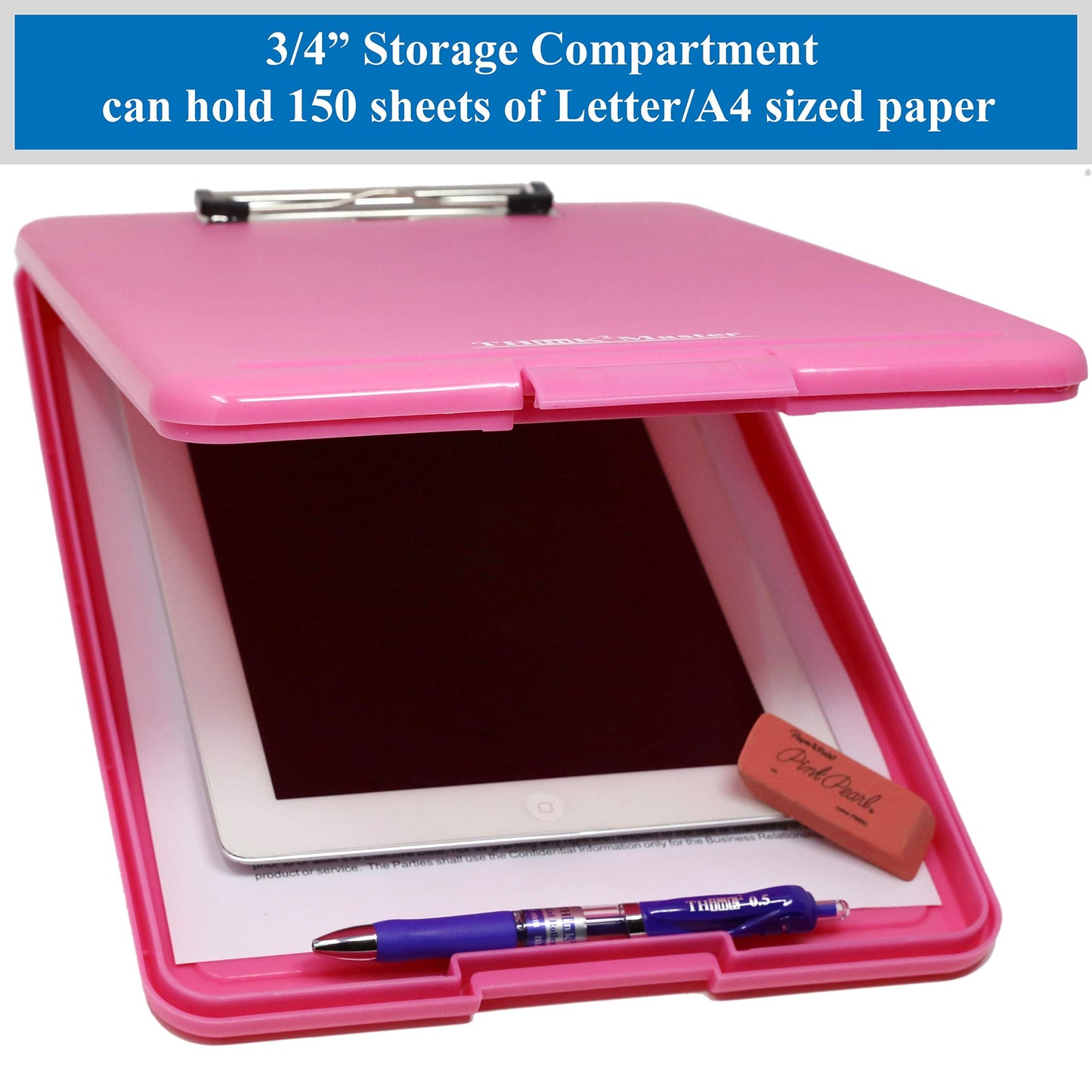 Think2Master Pink Plastic Storage Clipboard. | 25% Heavier & 25% Sturdier| Heavy Duty and Won’t Flex or Bend Like Other Brands (Compare The Weight). Storage Compartment Holds 150 Letter Sized Paper.