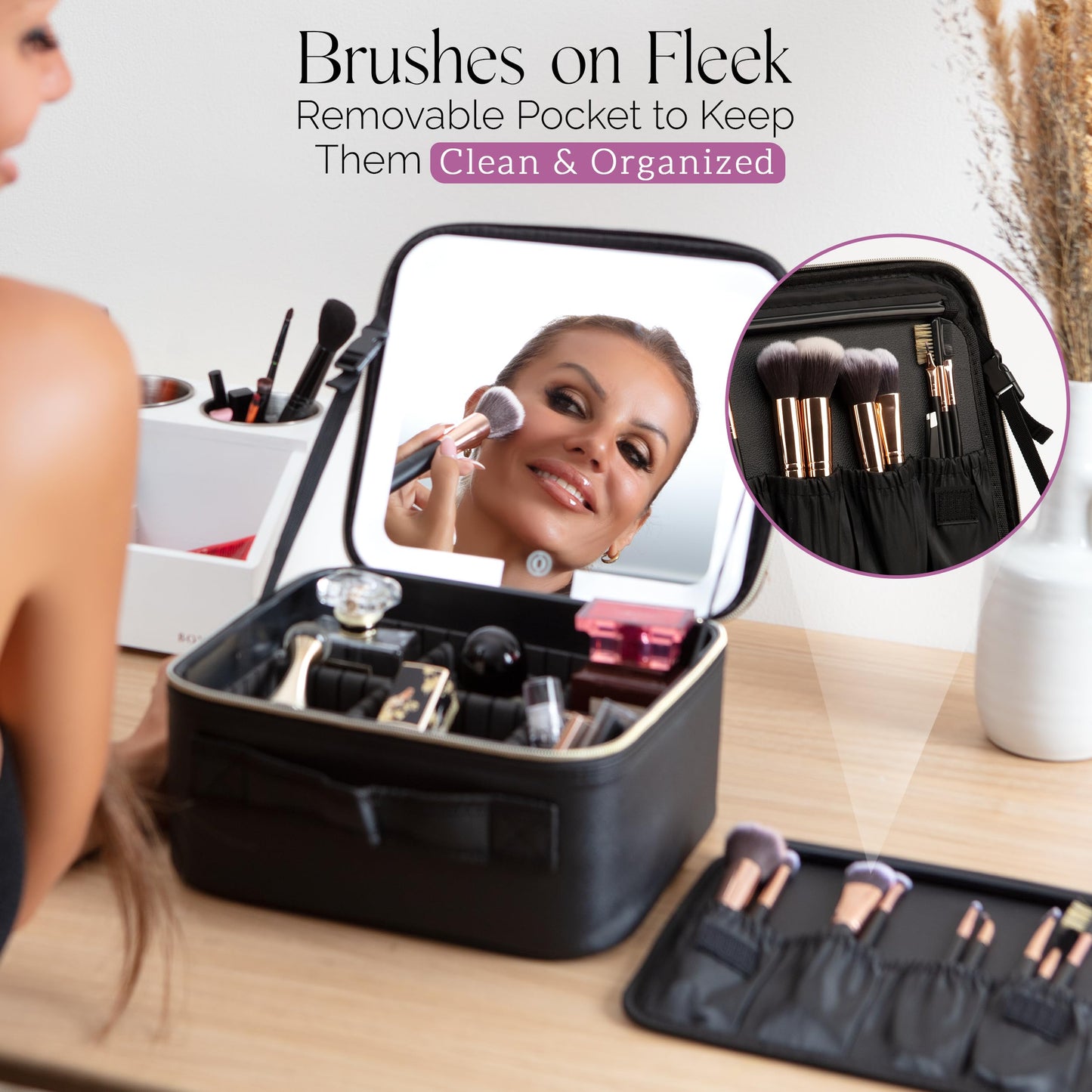 Girl About Town Travel Makeup Bag with LED Mirror - LED Makeup Bag with 10x Magnifier Mirror and Beauty Blender Included - Water-Resistant & Customizable Makeup Case with Lighted Mirror