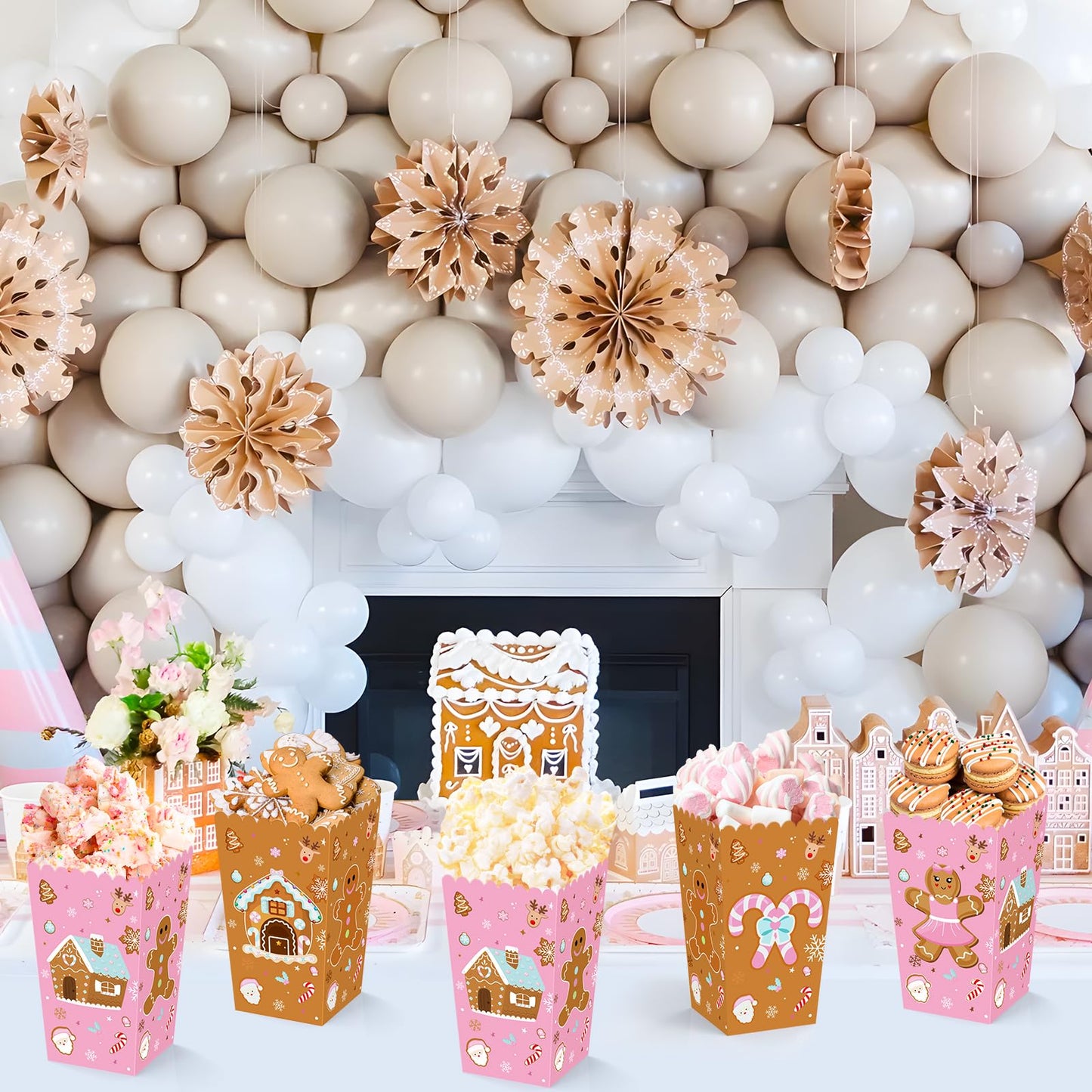 K KUMEED 24 PCS Christmas Popcorn Favor Boxes,Pink and Brown Gingerbread Man Christmas Party Supplies Cute Candy House Popcorn Bowls Popcorn Buckets Popcorn Bags Candy Cookie Container for Kids