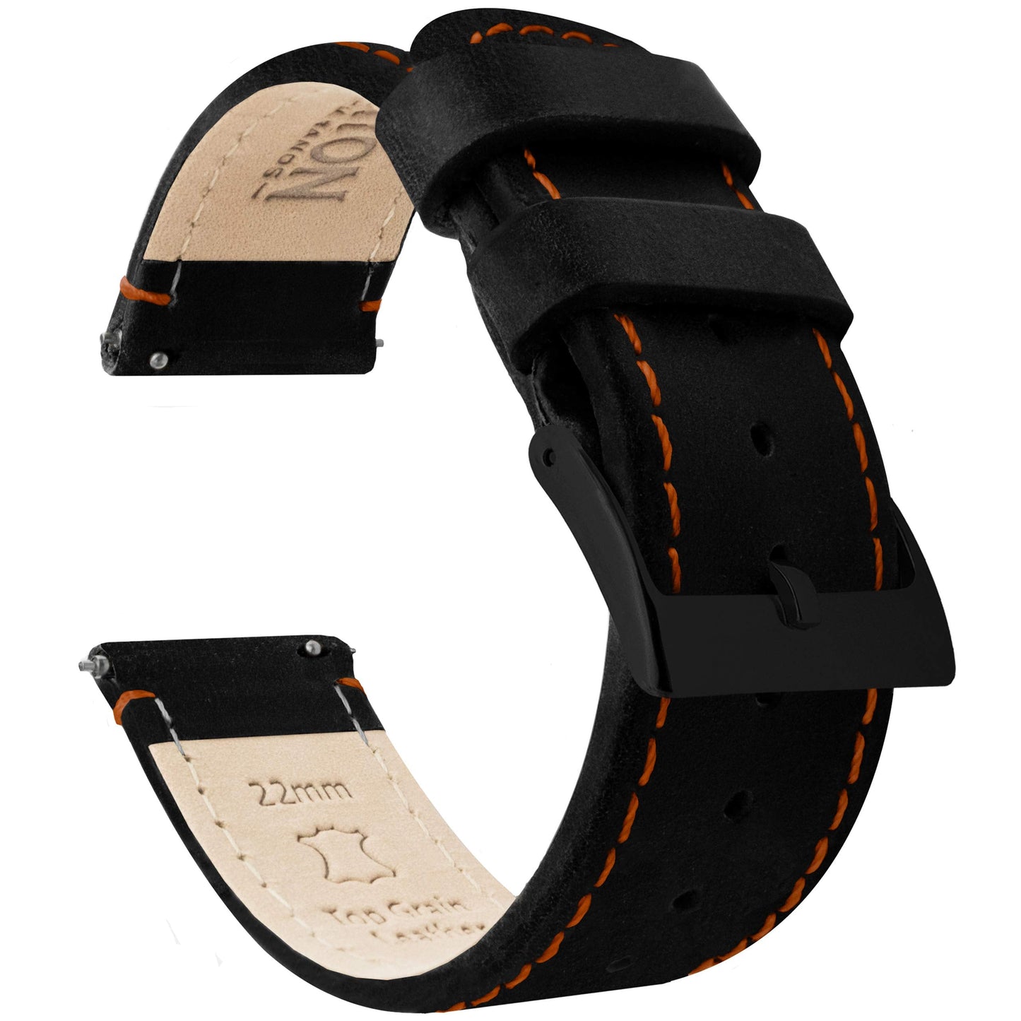 BARTON WATCH BANDS Quick Release Top Grain Leather Watch Band Strap, Black Leather/Orange Stitching (Black Buckle), 20mm