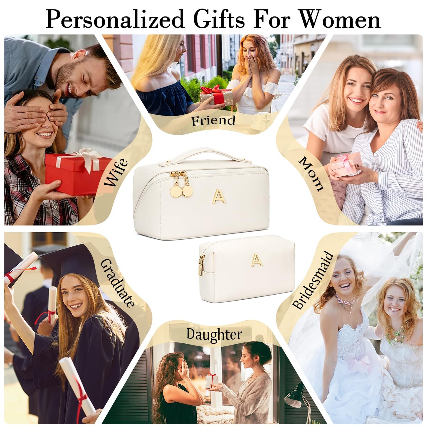 CLOUDWINGS Birthday Gifts for Women Teen Girl, Personalized Initial Makeup Organizer Bag Set, Open Flat Travel Cosmetic Bag With Clear Divider and Handle(Beige,A)